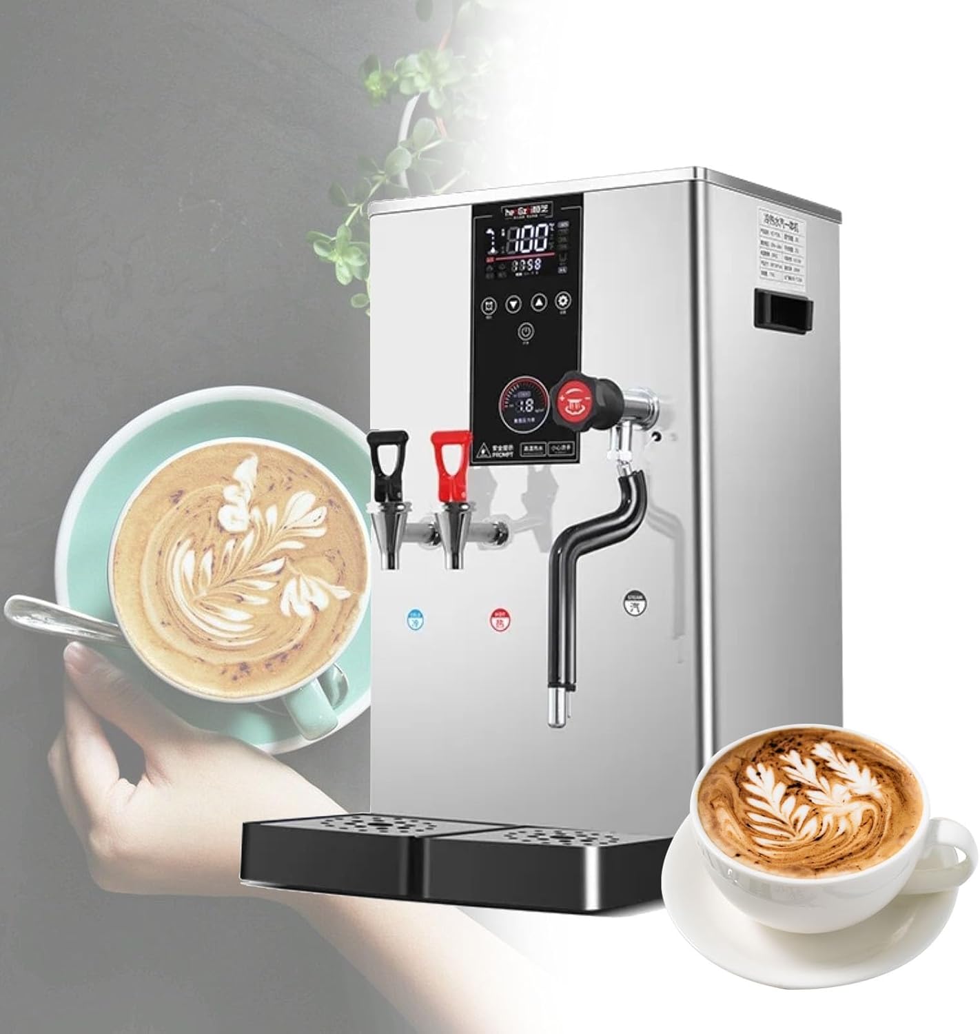 Commercial Intelligent LCD Touch Screen Steam Boiler 50L/H Hot Water Cold Water Milk Foamer Machine,1-Silvery