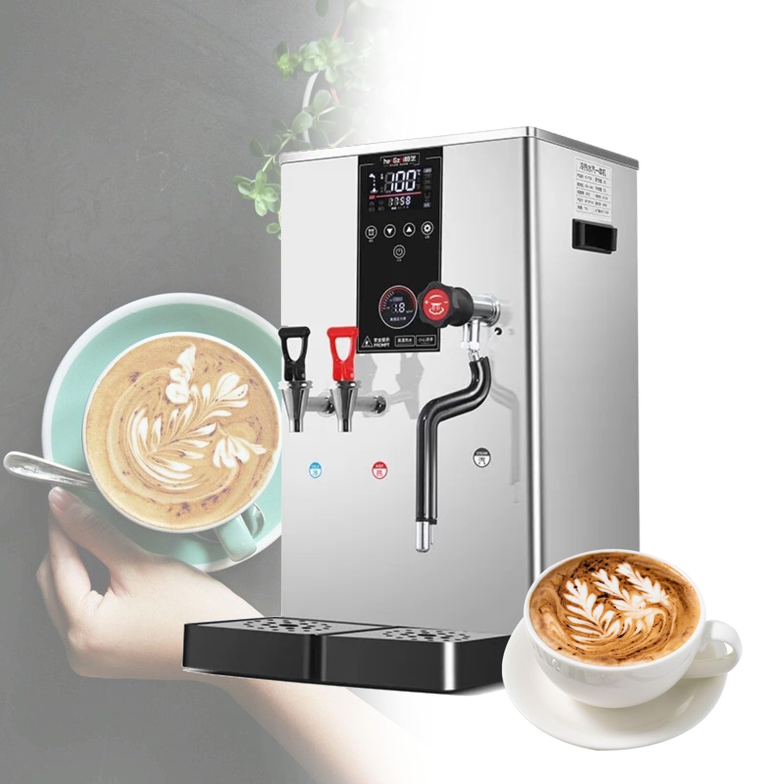 Caldera de Vapor Inteligente Comercial con Pantalla táctil LCD, 50L/H, Agua Caliente, Agua fría, máquina de Espuma de Leche (110v Silvery)