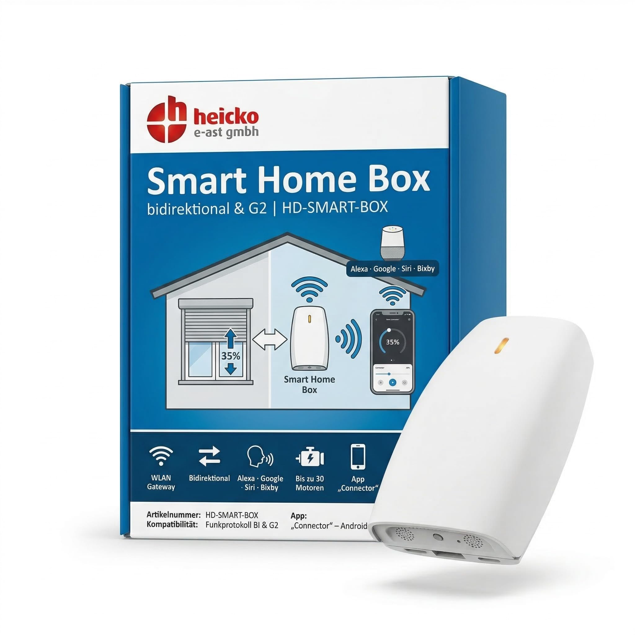 heicko Smart Home Box bi-direktional - WLAN Gateway für Rollladensteuerung & Jalousienmotor - Steuerung per App, Alexa, Google Home & Siri - bis zu 30 Motoren, 20 Zeitschaltungen
