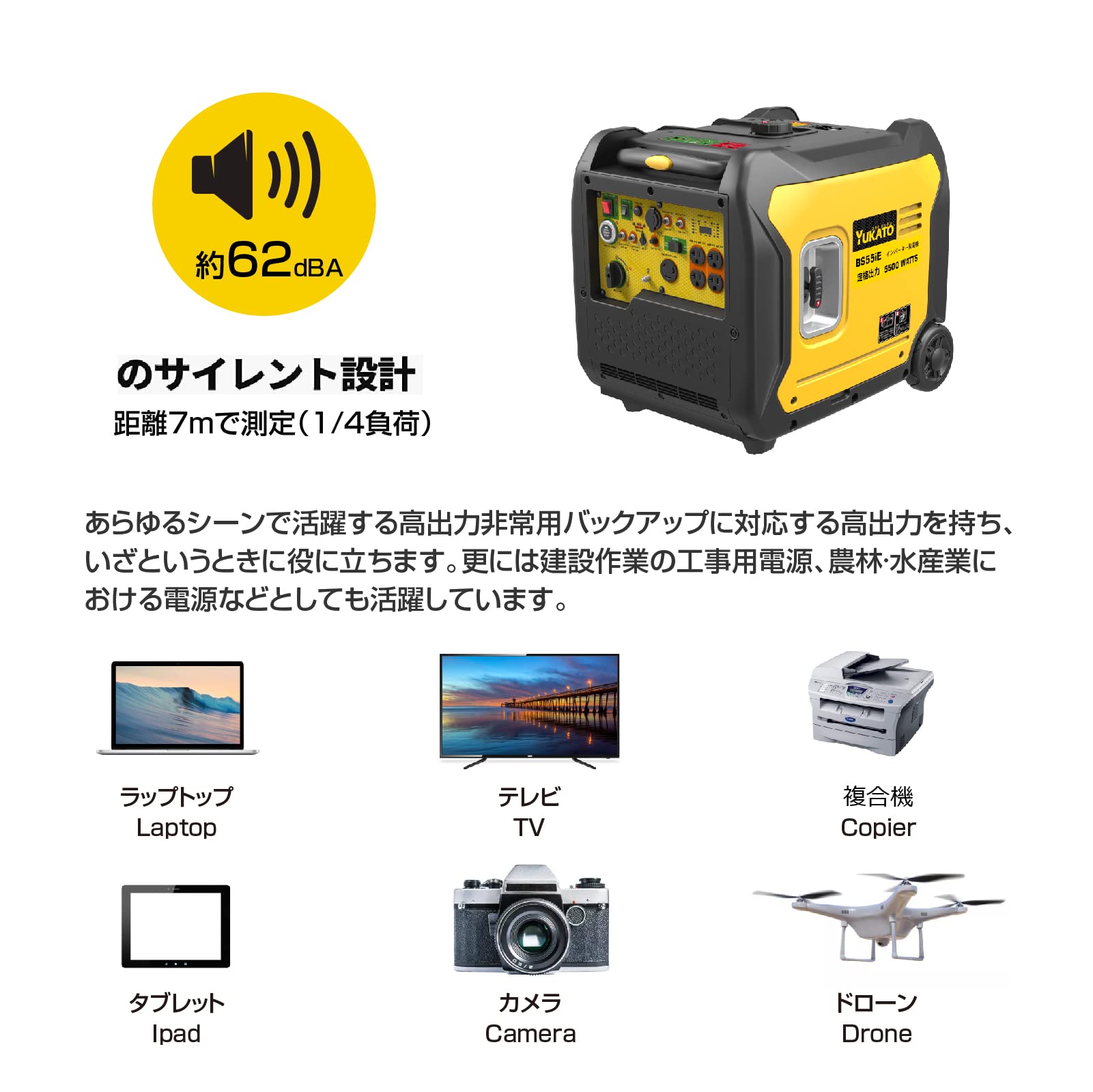 Amazon.co.jp: YUKATO インバーター発電機 BS55iE 定格出力5.5kVA 正弦