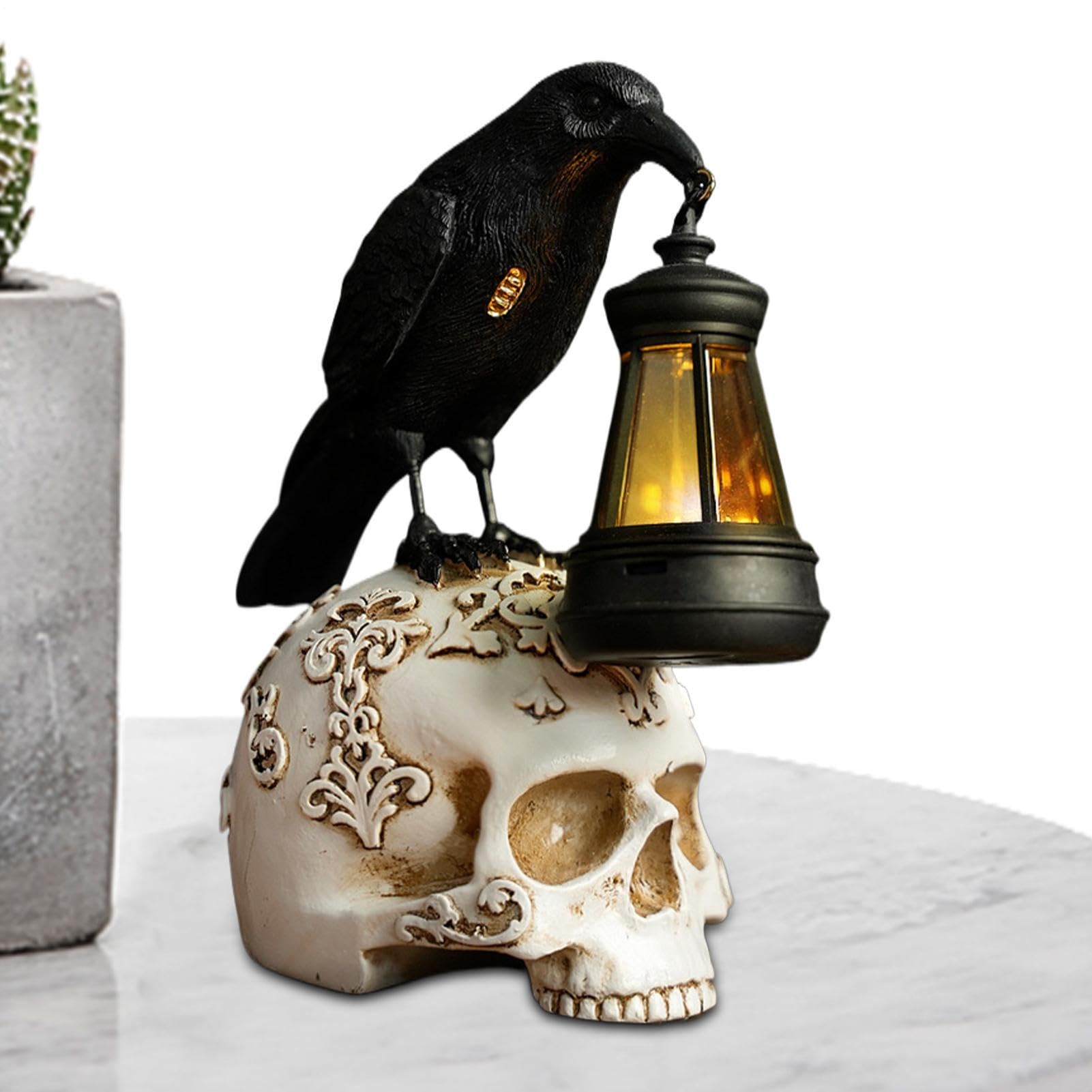 Corbeau Halloween figurine crâne résine pour déco maison gothique et jardin