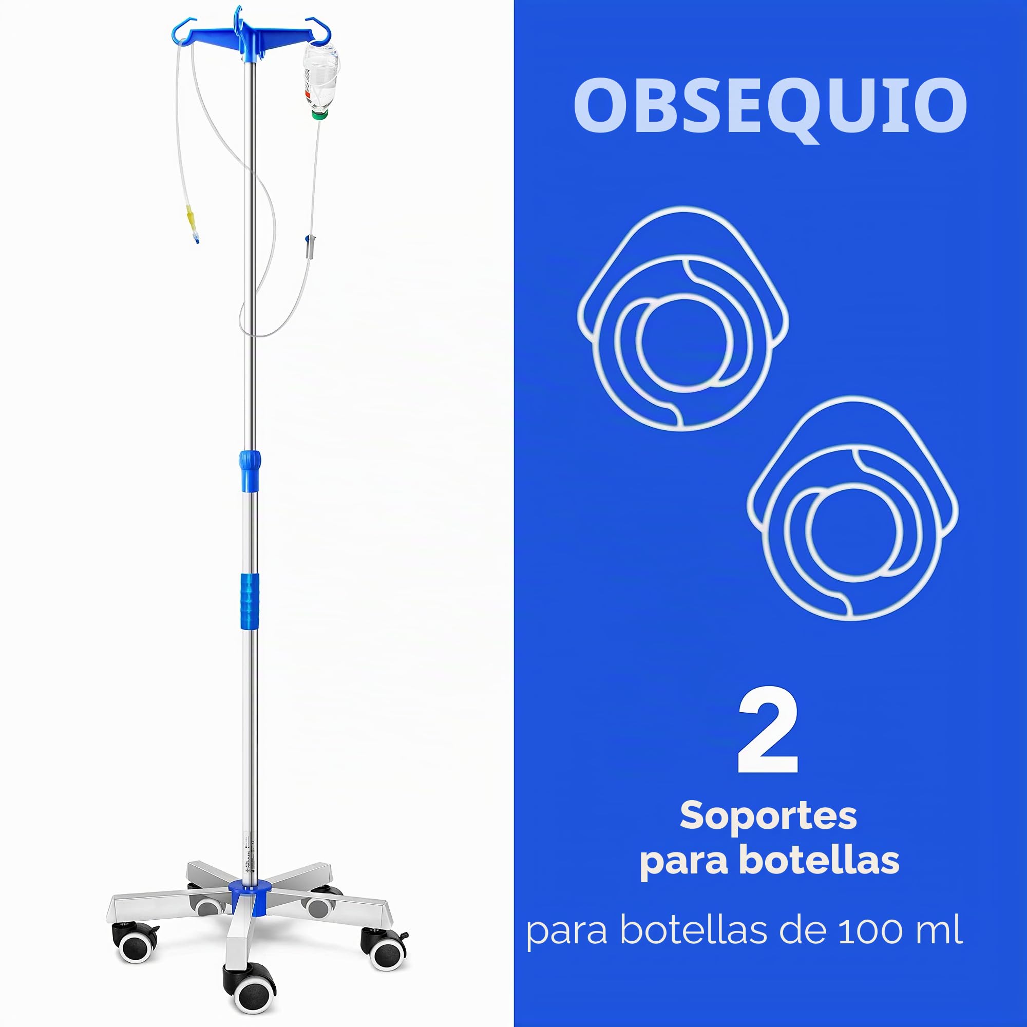 AIESI® Soporte Porta Sueros en ACERO INOXIDABLE con 4 ganchos de plástico y ruedas giratorias con freno, Gratis 2 portabotellas 100 ml, Garantía 24 meses