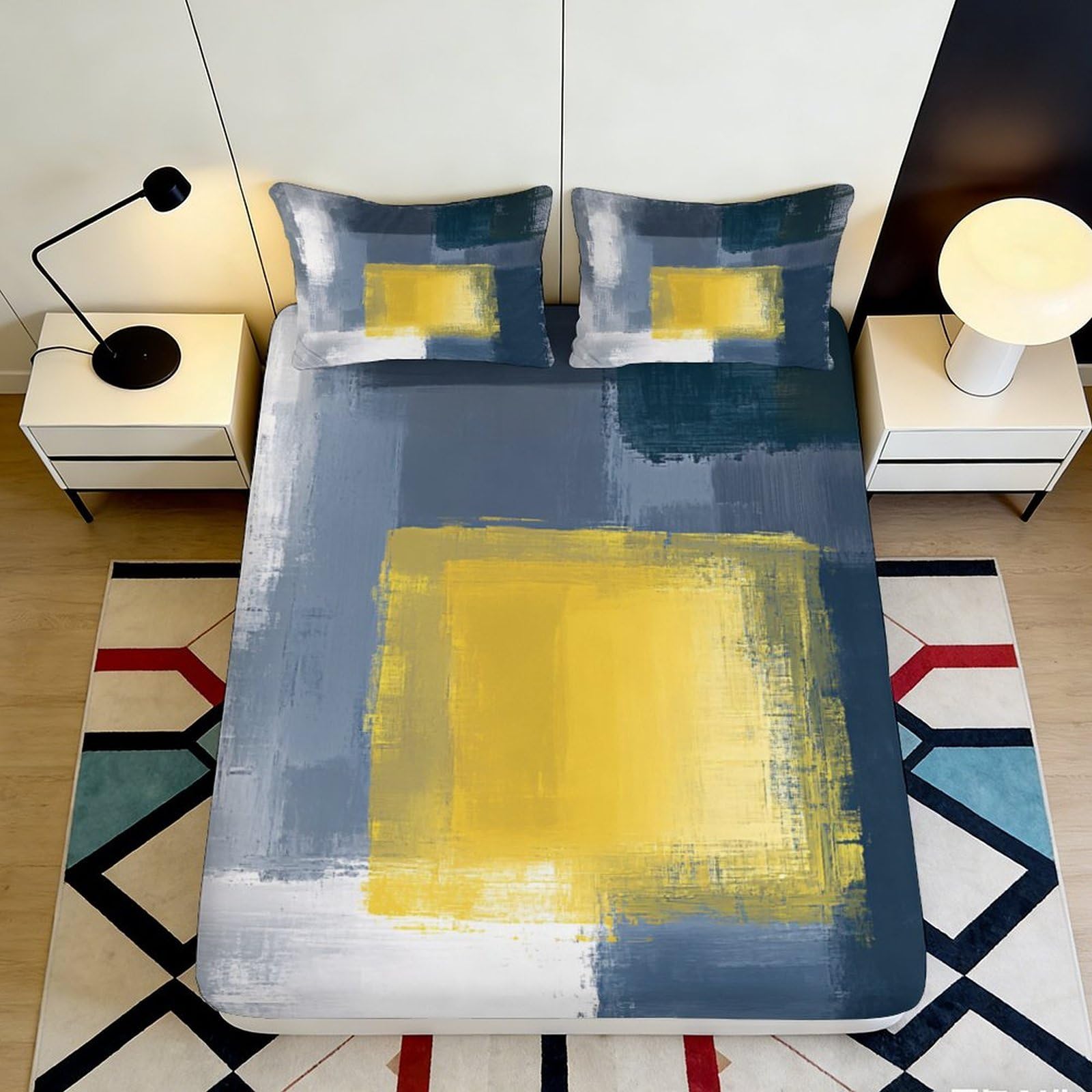Dhbaneiok Style-6 3D Printed Abstract Yellow Block Fitted Sheet Microfiber Soft Blue Grey Artistic Bed Cover For Bedroom Dorm Decor 90X200x25cm