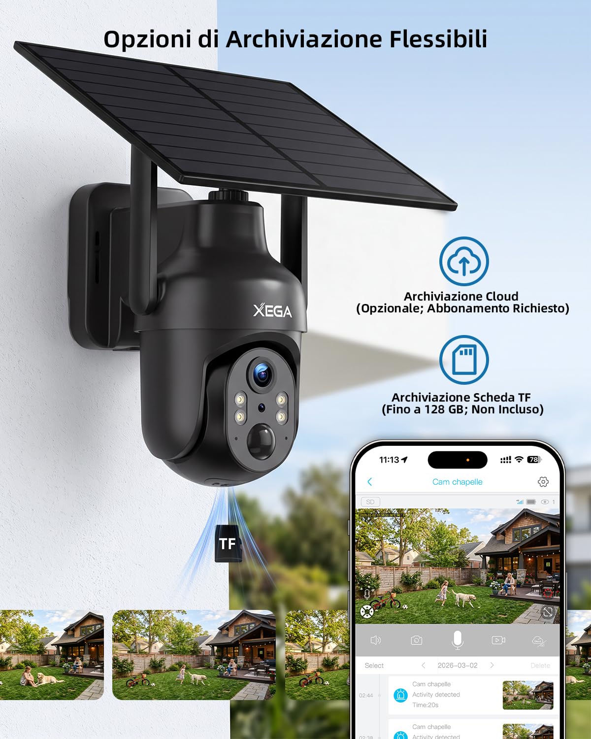 Xega Wi-Fi Telecamera Solare Esterno Senza Fili, HD PTZ Telecamere Solare | 5200mAh Batterie,Visione Notturna a Colori,Rilevamento Umano PIR,Audio a 2 Vie,IP66,TF/Cloud,2,4GHz