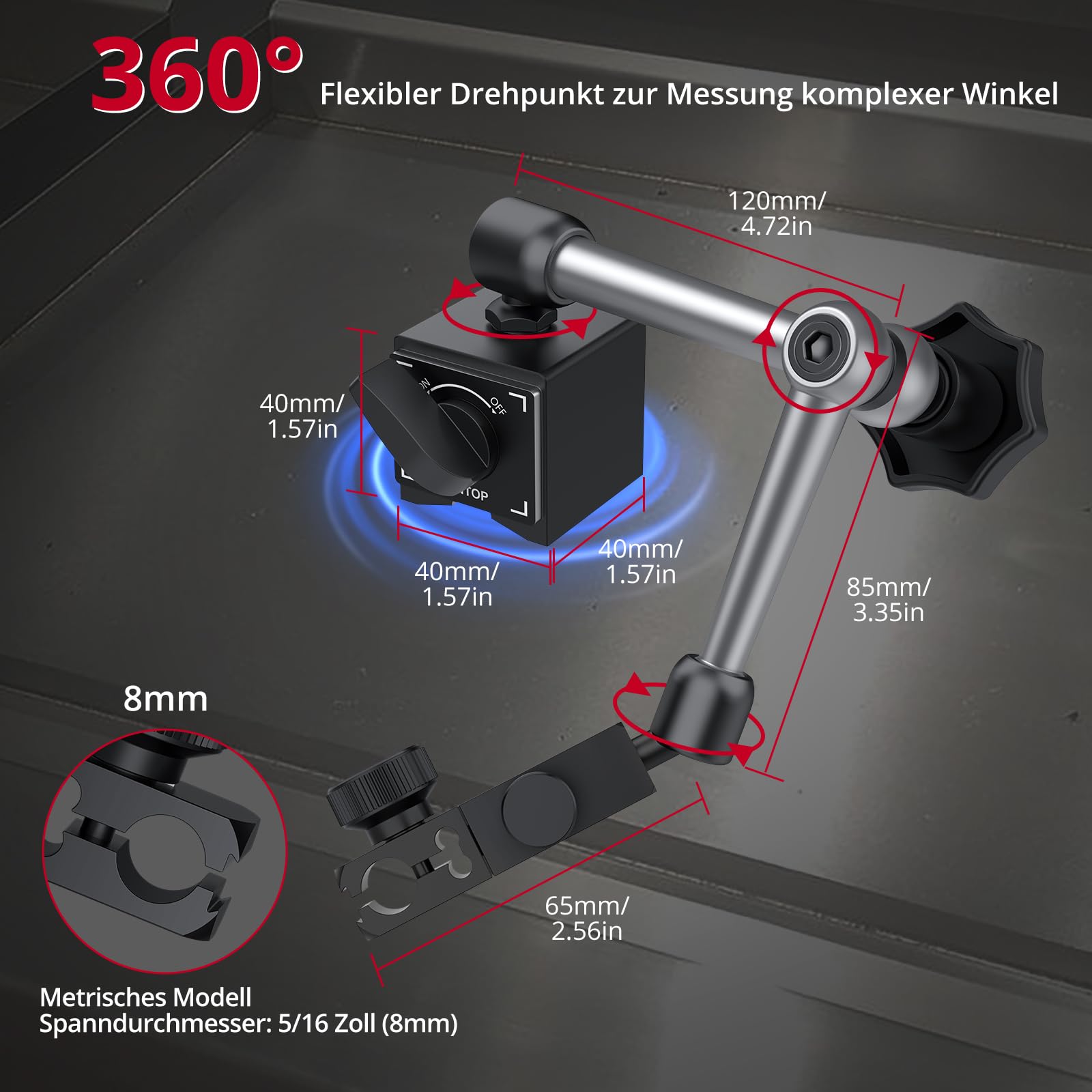 XUNTOP Digitale Messuhr mit Magnetfuß Präzisionsmessung 0,01 mm,132lbs/60kg Auto-Nullfunktion, 0-25,4 mm Messbereich, Ideal für Werkstatt, Maschinenbau und Automobilgebrauch