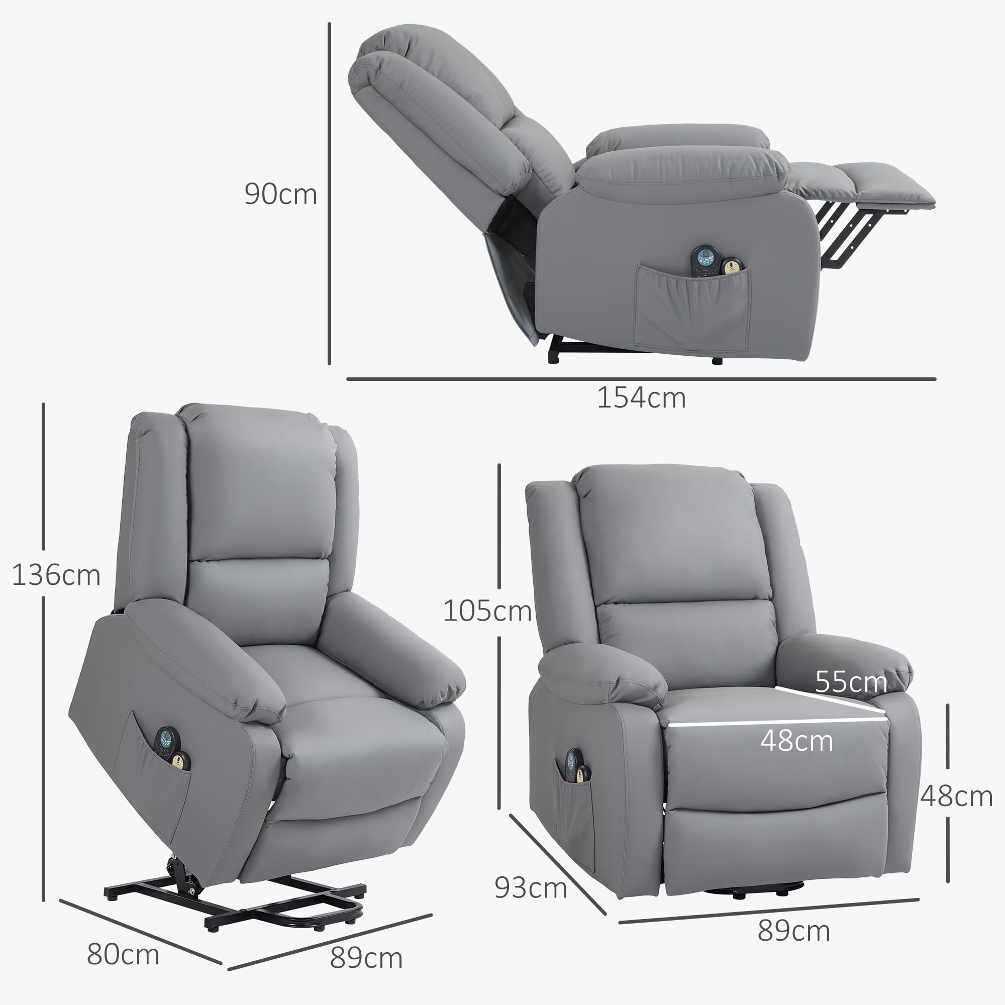 HOMCOM Sillón Relax Reclinable Eléctrico Levanta Personas Sillón Elevador con 8 Punto de Masaje Calor Lumbar 2 Controles Remotos Reposapiés Tela Resistente a los Arañazos y Bolsillo Lateral Gris