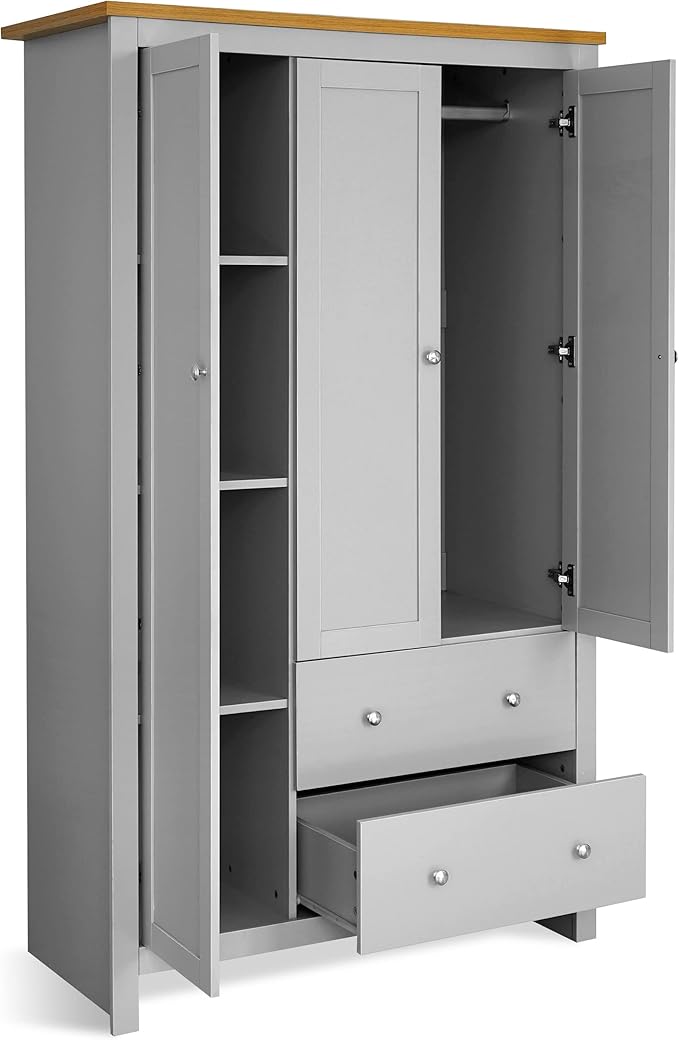 Blisswood 3 Door 2 Drawer Wardrobe MDF With Shelf Hanging Rail, Wooden Double Wardrobe Large