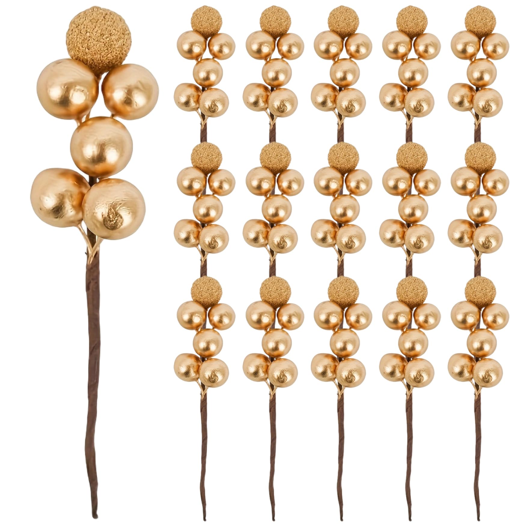 Muzrunq Christmas Picks, 16PCS 3.5 Inch Artificial Gold Christmas Tree Picks, Foam Glitter Berry Stems for Xmas Garland Wreath