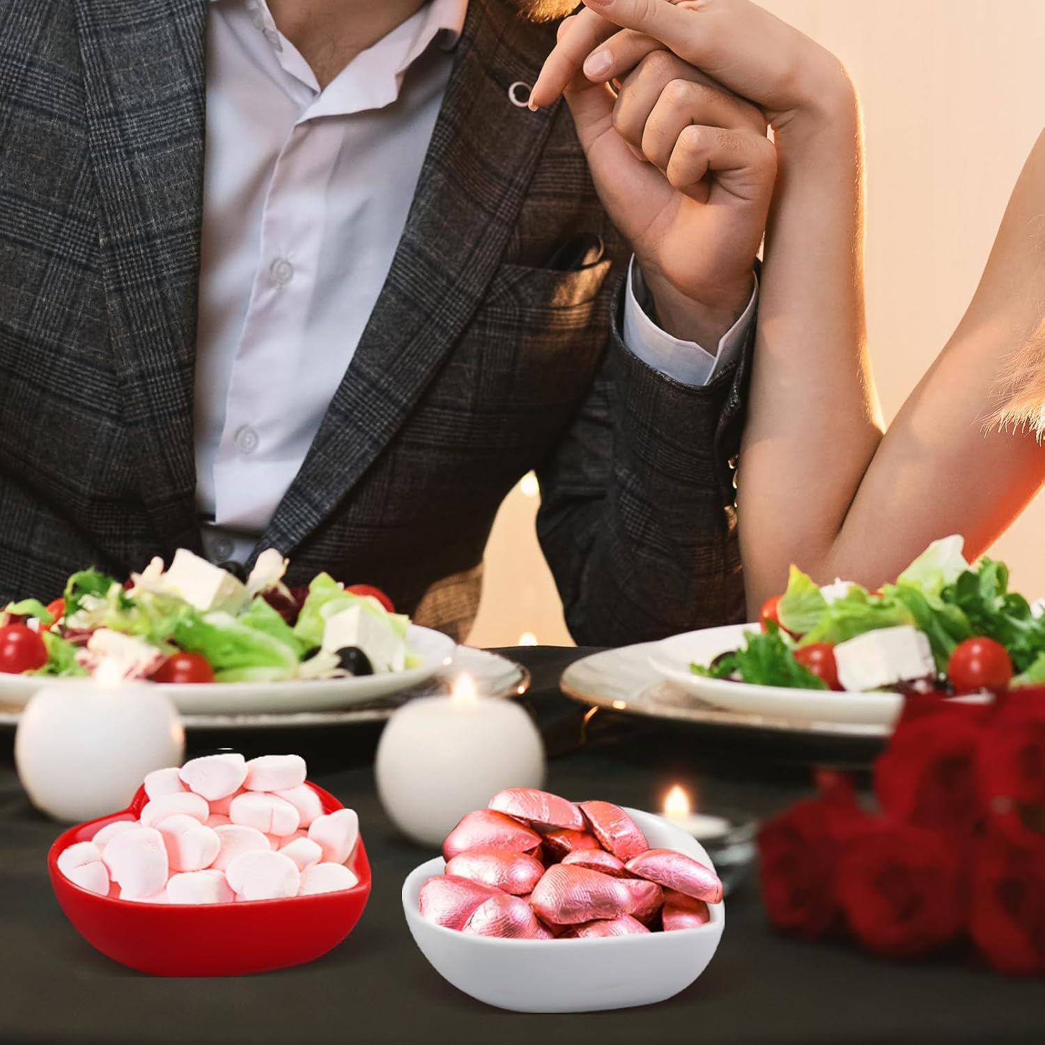 Hushee 12 Pcs Valentine's Day Heart Shaped Bowl Ceramic Candy Dish Multipurpose Salad Appetizer Dipping Sauce Heart Plates for Anniversary Wedding Party(Love,Red, White, Pink)