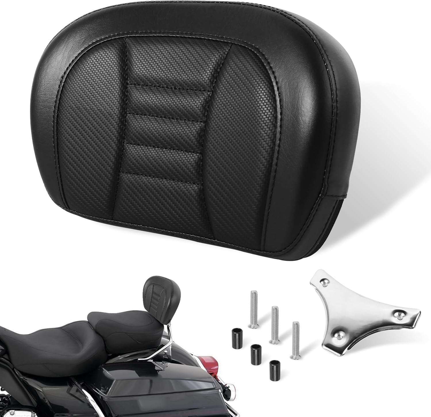 Motorcycle Detachable Sissy Bar Backrest Pad for Harley Glide Road King Traveler Rear Backrest Cushion 1996-2023 Black Thin Line Pad with Chrome Sissy Bar Backrest Pad Mount Kit