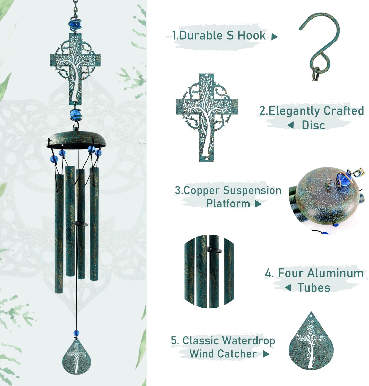 Cross Wind Chimes for Outside, Metal Hanging Wind Chimes, Zen Windchime with Calming Sound for Yard, Balcony, Yoga Room - Image 2