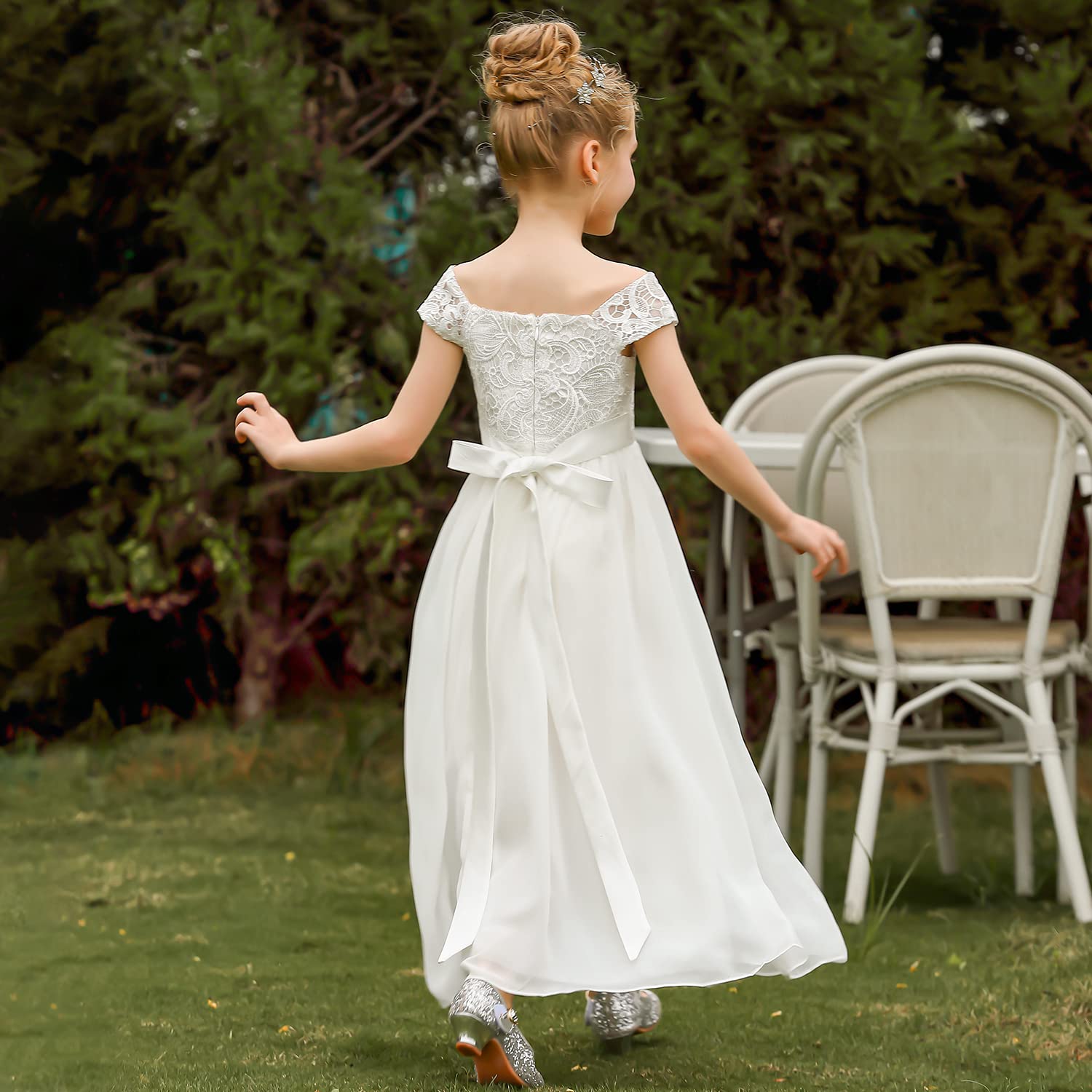 PLWEDDING Chiffon A-line abito da ragazza floreale prima comunione abiti per bambini compleanno matrimonio abiti da festa