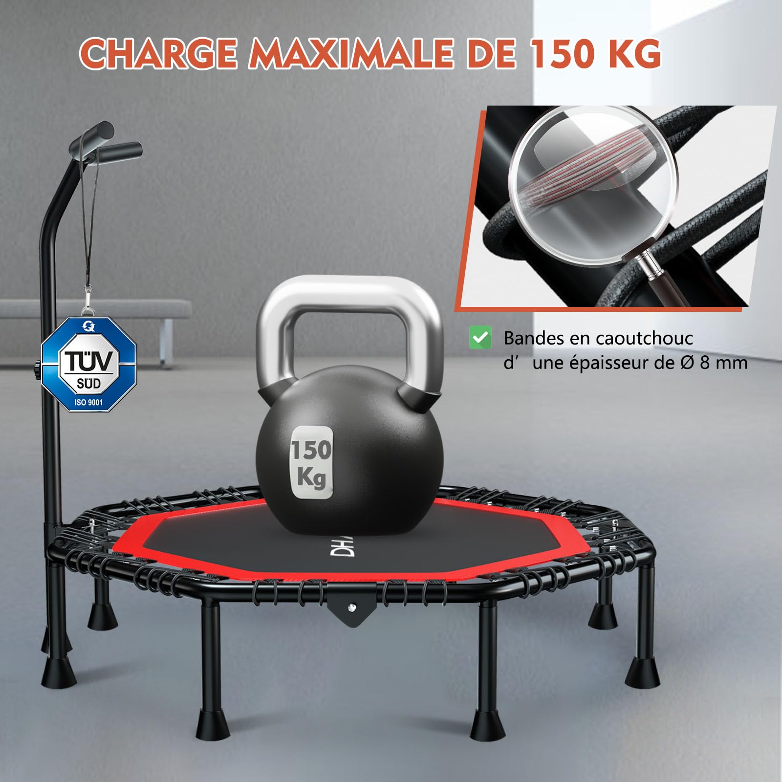 DH FitLife Trampoline de fitness pliable silencieux avec corde en caoutchouc sans installation | 50 pouces 128 cm Trampoline pour l'intérieur et l'extérieur Jumping | avec 3 niveaux de poignée