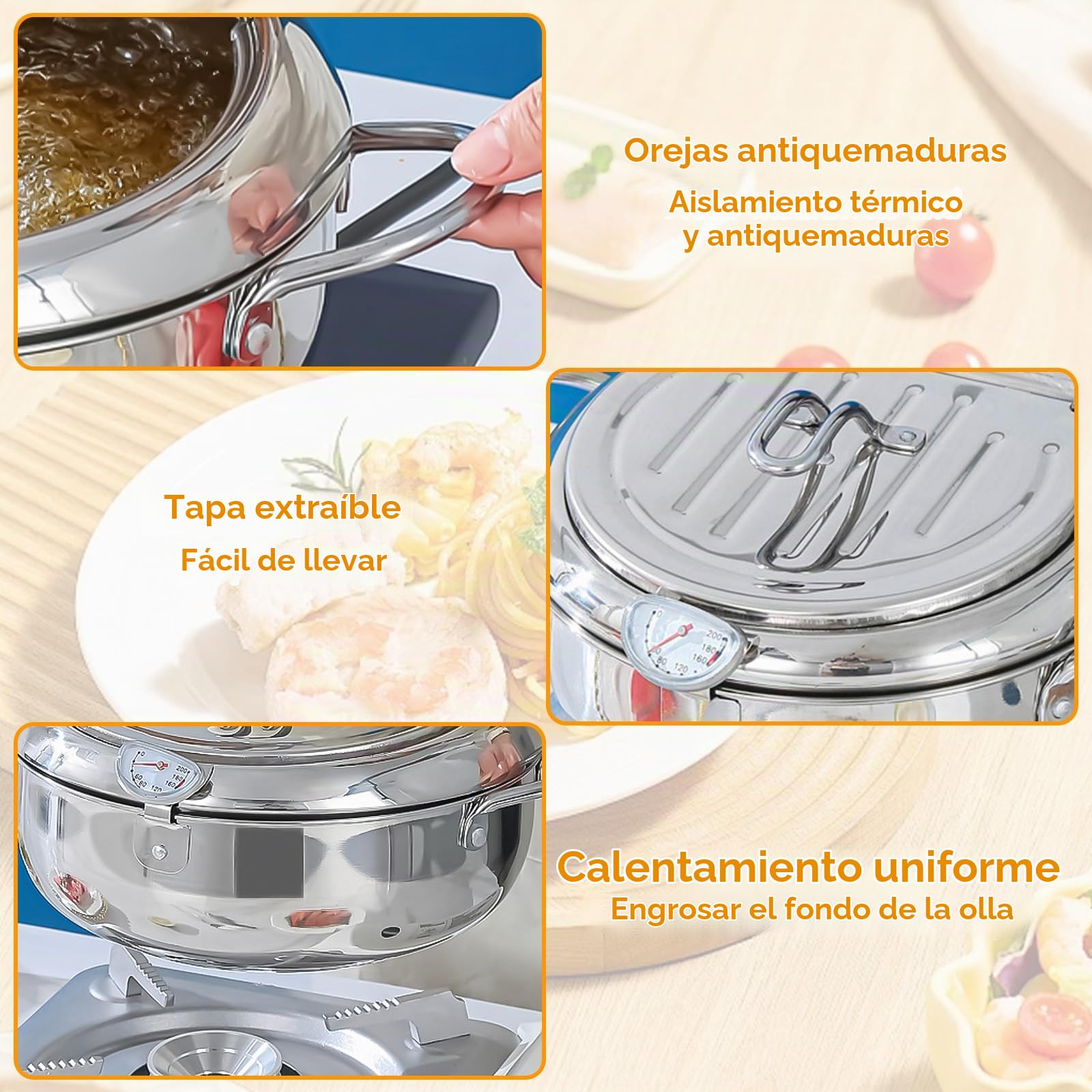 Olla Freidora Estilo Japonés Con Termómetro y Tapa - Tempura Freidora Pequeña de Acero Inoxidable Para Cocinar Papas Fritas (28cm)