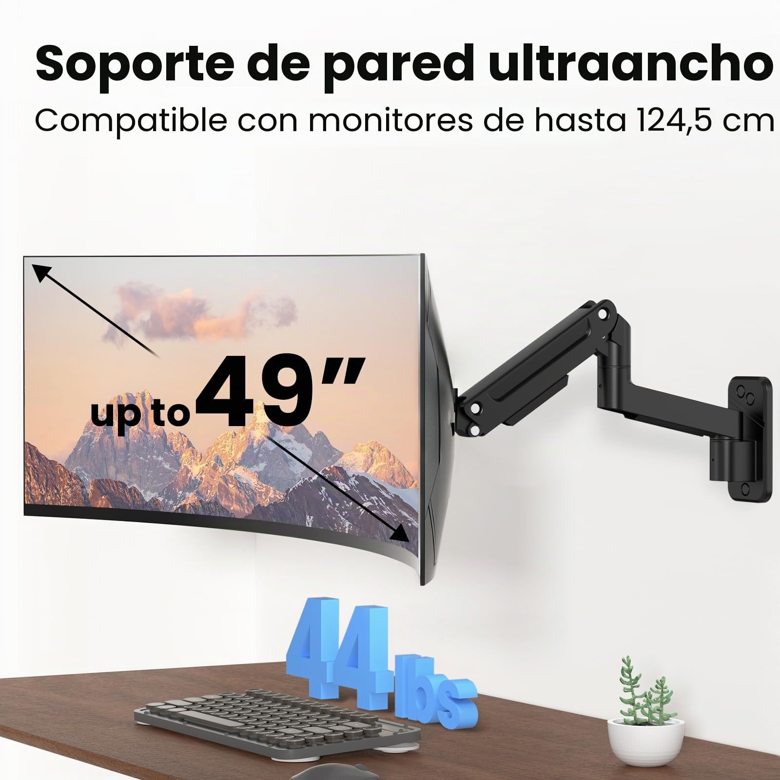 PUTORSEN Soporte Monitor Pared de 17 a 49 Pulgadas hasta 20 kg, Brazo Monitor Pared con Resorte de Gas Completamente Ajustable, Inclinación y Giro, Altura Ajustable, VESA 75/100 mm