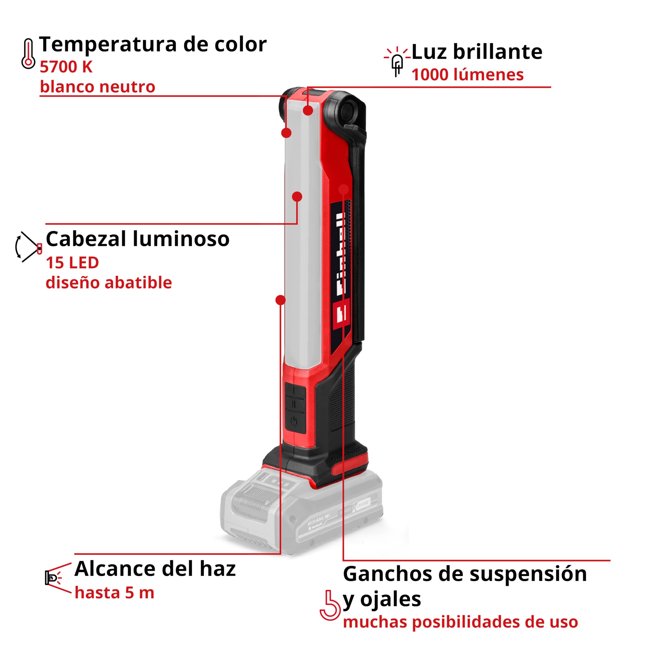Einhell Lámpara con batería TE-CL 18/1000 S Li-Solo Power X-Change (18 V, cabezal luminoso abatible, 3 ajustes de iluminación, 15 LED, 1000 lm, 5700 Kelvin, sin batería)