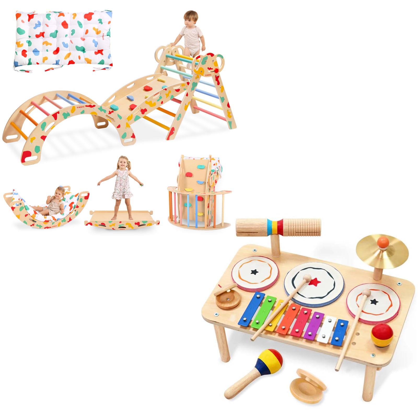 WINGYZ Baby Drum Set – 9-in-1 Wooden Musical Instruments for Toddlers 1-3 & WINGYZ Pikler Triangle Set, Montessori Foldable 8-in-1 Jungle Gym & Reversible Animal Slide for Toddlers 18month-7years