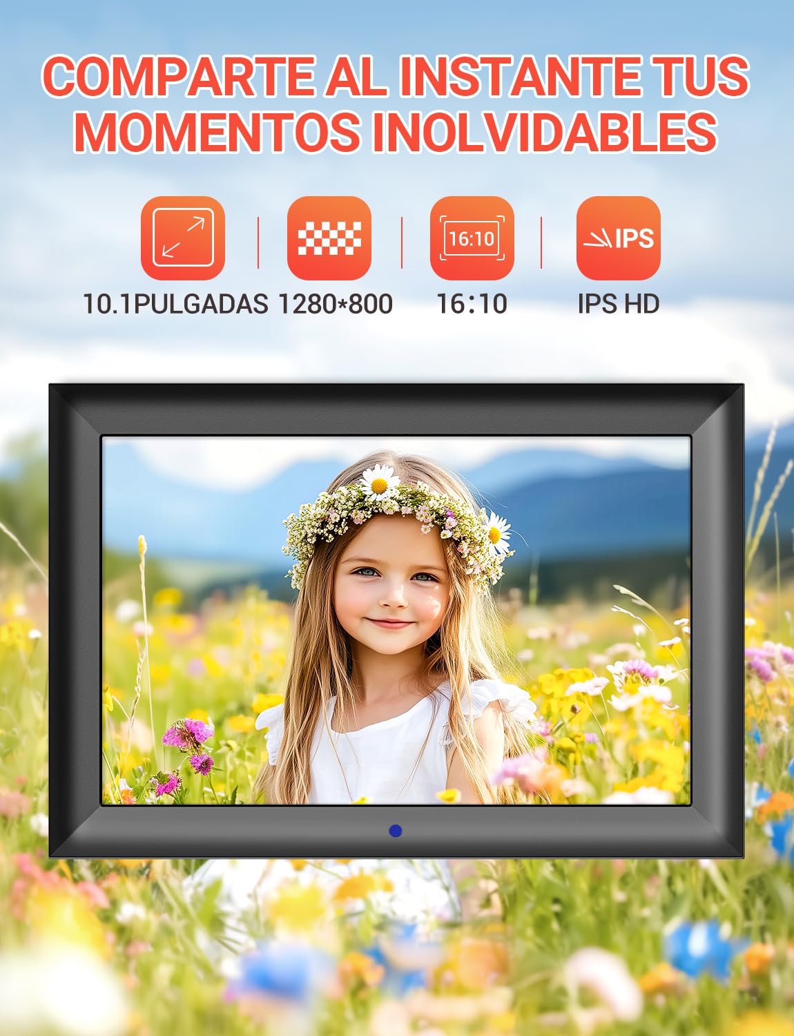 OBVHNUA Marco de Fotos Digital de 10.1 Pulgadas, Portaretratos Digitales Pantalla IPS HD 1280x800, Soporte de Foto/Música/Video, Rotación Auto, Marco Digital con Control Remoto/Reloj/Calendario