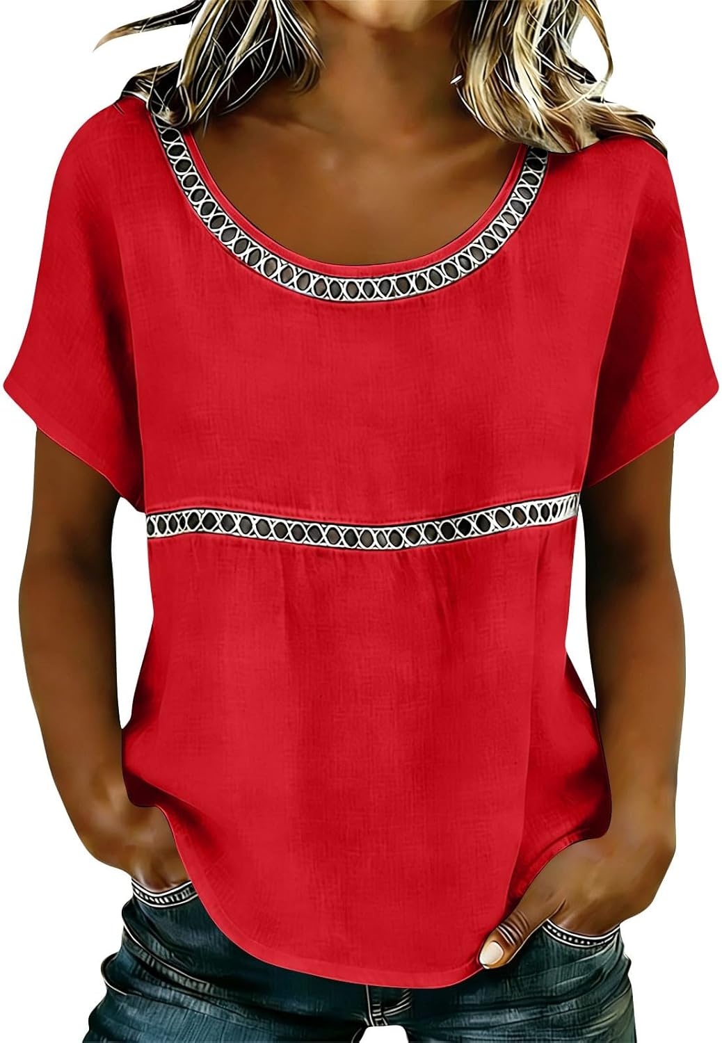 Linen Shirts for Women Short Sleeve Lace Patchwork Top Summer Crew Neck Blouses Lightweight Beach T Shirts 2026