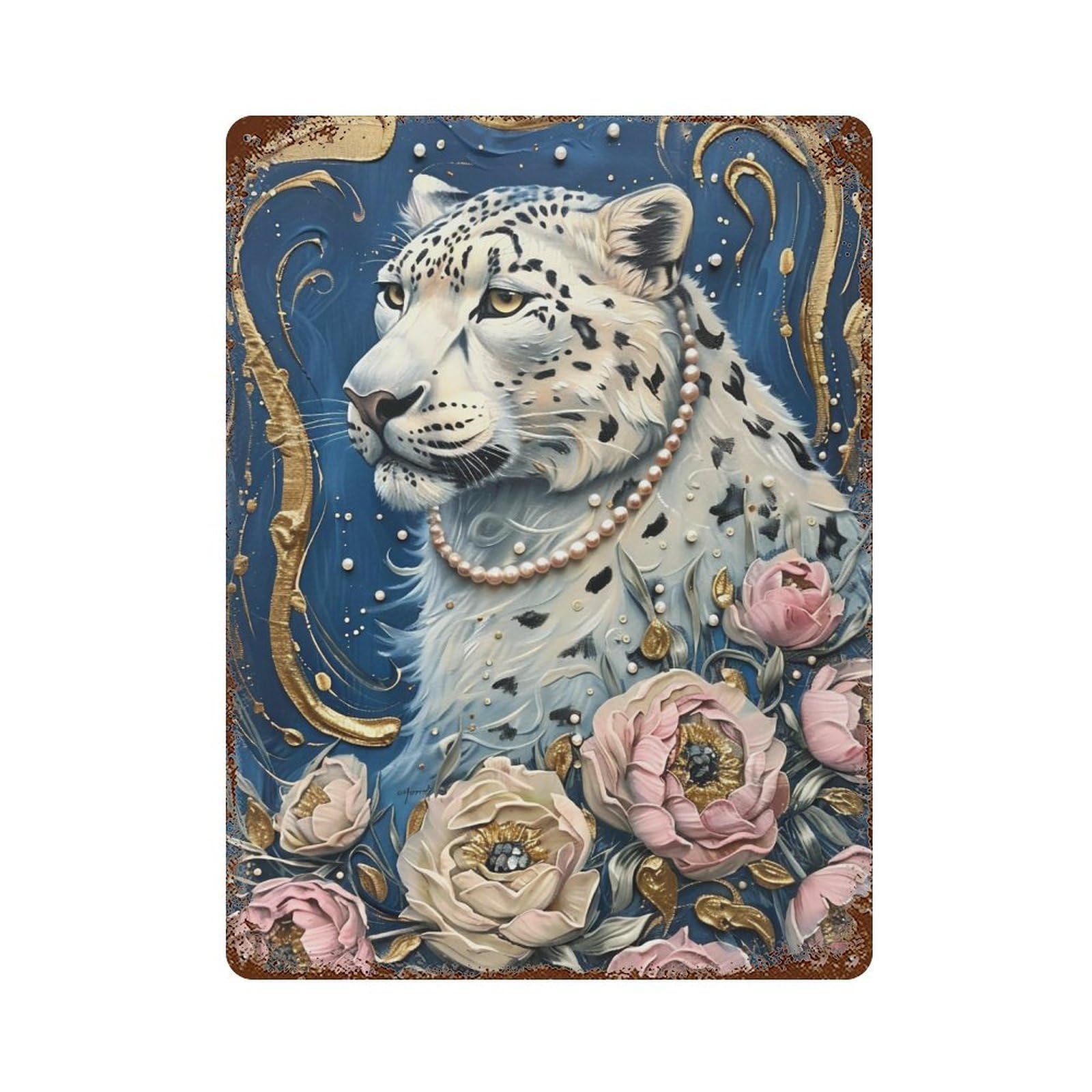 YHGERTKU Opulent Snow Leopard with Pink Peonies 02 Wall Art Retro Iron Vintage Metal Tin Sign Poster Modern Decor for Living Rooms Gift 40x30cm