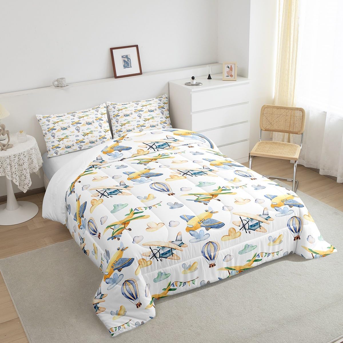 Erosebridal Yellow Airplane Bedding Set Full Rainbow Clouds Comforter Set, Watercolor Plane Duvet Insert Flying Aircraft Quilt Comforter, Hand Drawn Transportation Bedding Comforters & Sets Microfiber