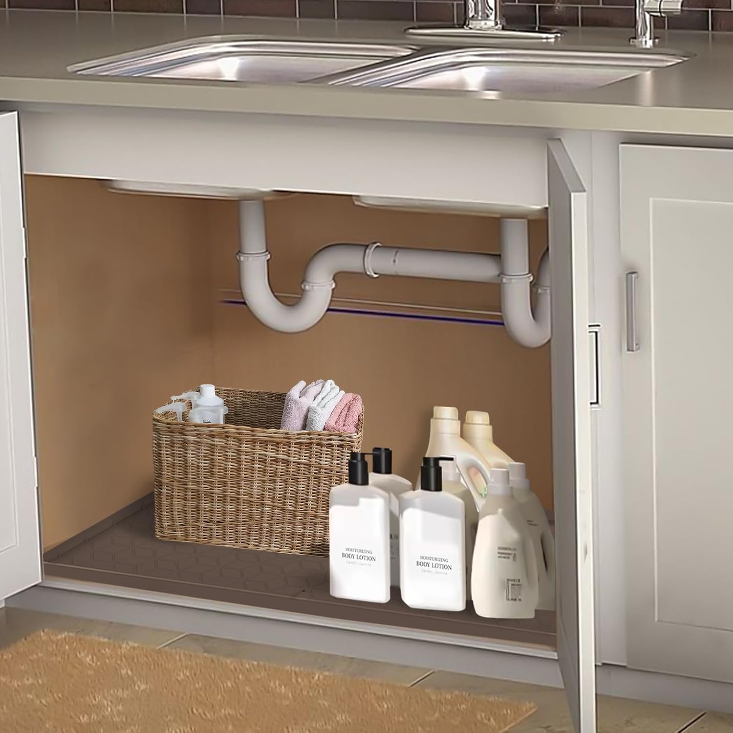 Under Sink Mat for Kitchen, Silicone Waterproof Liner with Drain Hole, Flexible Cabinet Organizer Tray, Holds Up to 3.3 Gallons, Easy to Clean (Brown, 34x22)