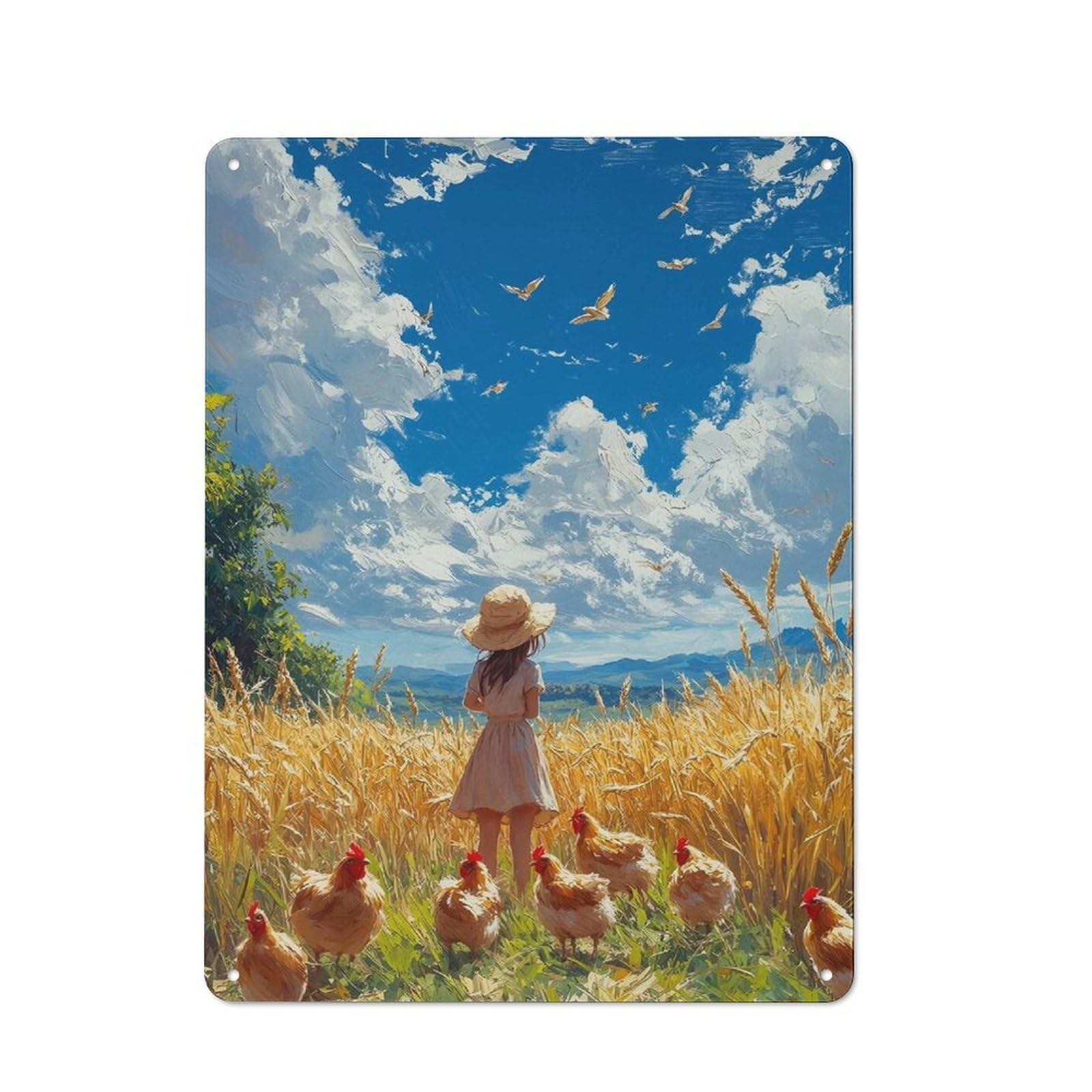 Junmoney Girls Style-10 In Wheat Field With Chickens Rustic Metal Sign 40X30cm, Barn Style Farmhouse Wall Decor For Kitchen, Cottage, Porch Or Garden Room