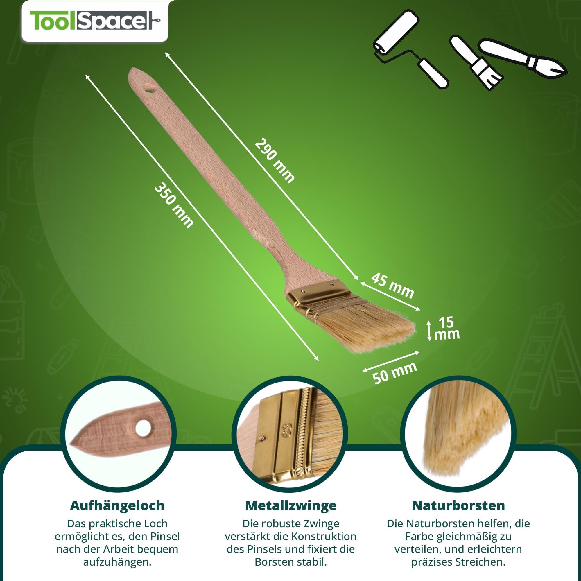 ToolSpace Pinceau à Calories courbé | Pinceau pour radiateur | Largeur 50 mm | Longueur Totale : 35 cm | Poils : Poils naturels denses| Manche : Bois de hêtre | 12 pièces