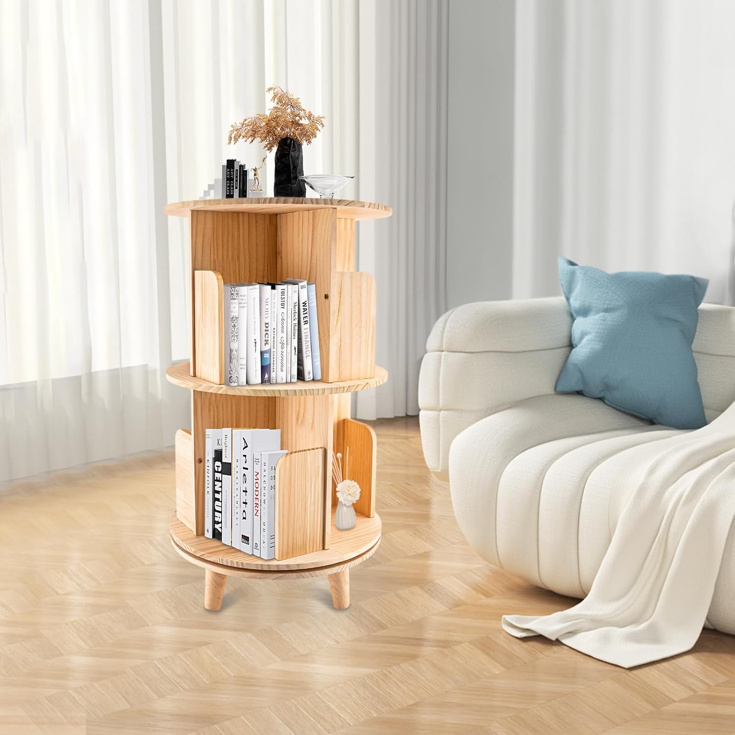 DYRABREST Rotating Bookshelf 360 Display loor Standing Bookcase Storage Rack, Solid Wood Bookshelf Organizer Book Shelf Organizer for Storing Books, Precious Souvenirs, Displays, Wood Color (2 Tier)