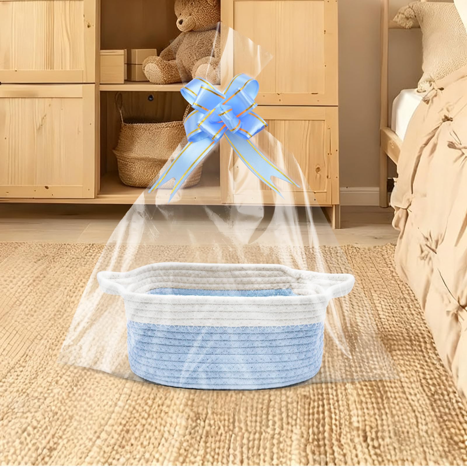Cestino regalo vuoto 30 x 20 x 12 cm, cestino intrecciato con sacchetti regalo e nastri, cestino regalo vuoto per Natale, compleanno, matrimonio, cestino portaoggetti, cestino decorativo (blu)