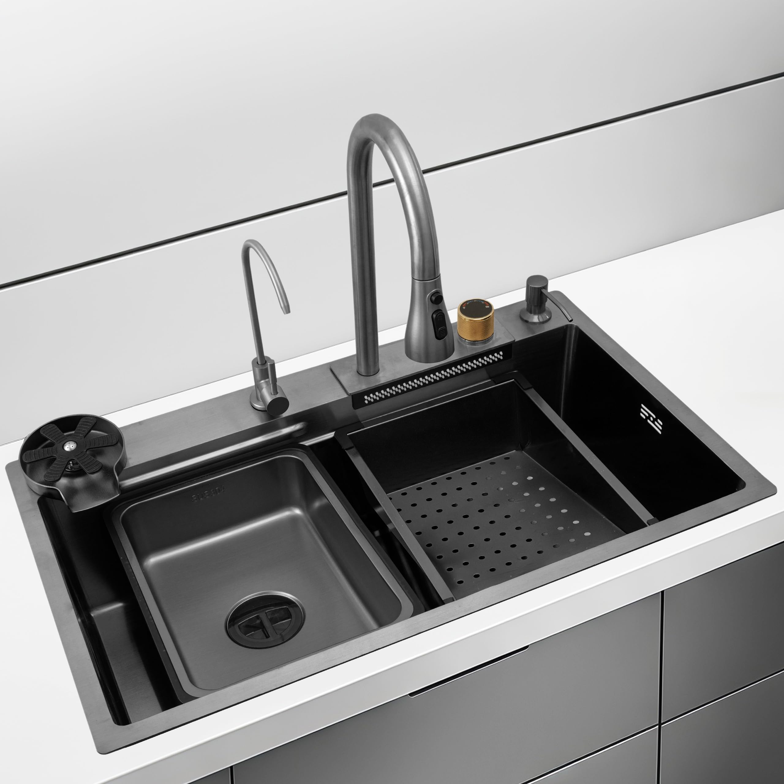 HMS25100, Original SS-304 Grade, Luxury Handmade Single Bowl Kitchen Sink With Pull Down Faucet | Made in India | Black, 30x18x9 INCH