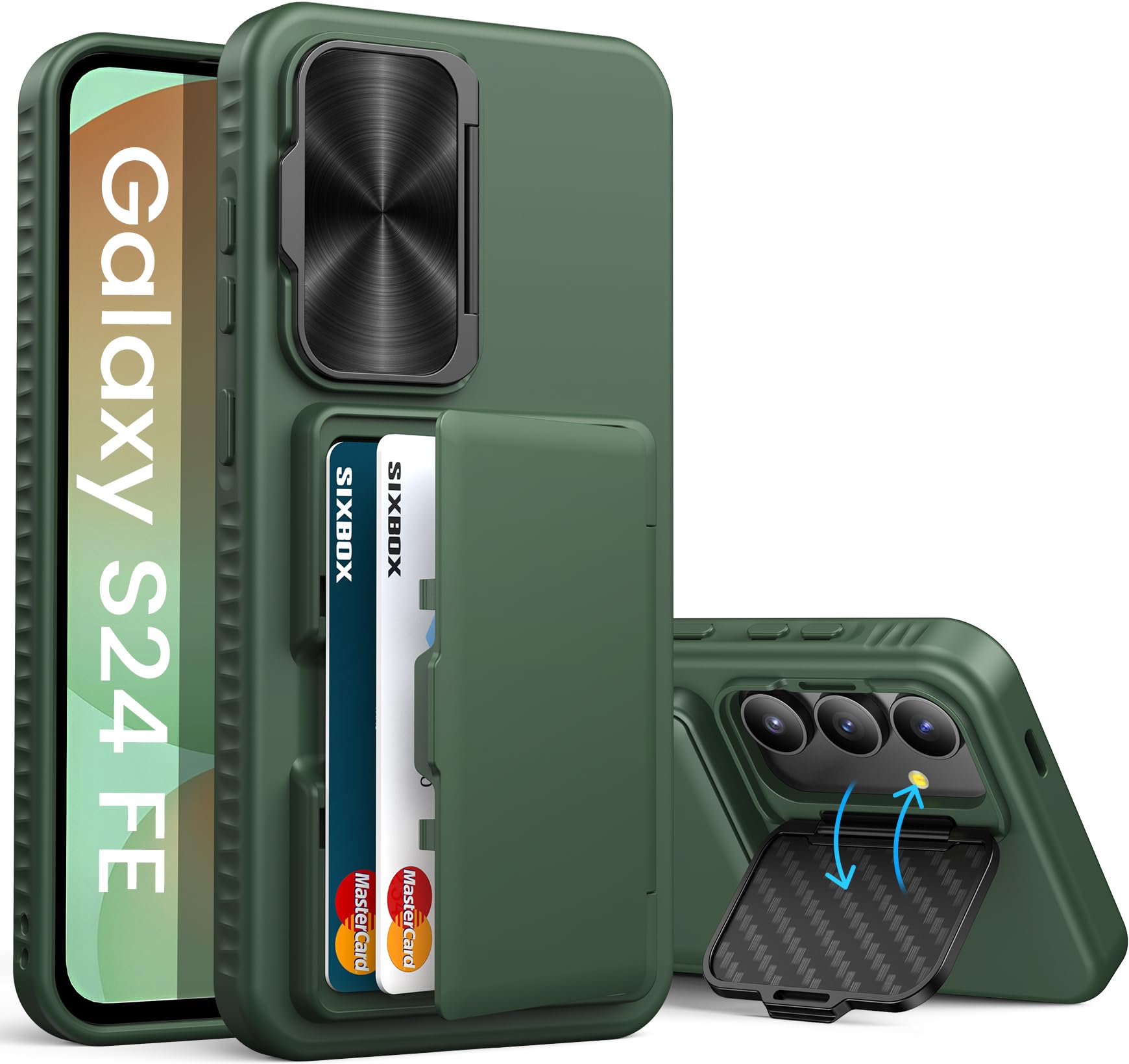 SIXBOX for Samsung Galaxy S24 Fe Case, Built-in Card Holder & Lens Cover & Kickstand, Military Grade Drop Tested Soft Silicone Edge Rugged Protective