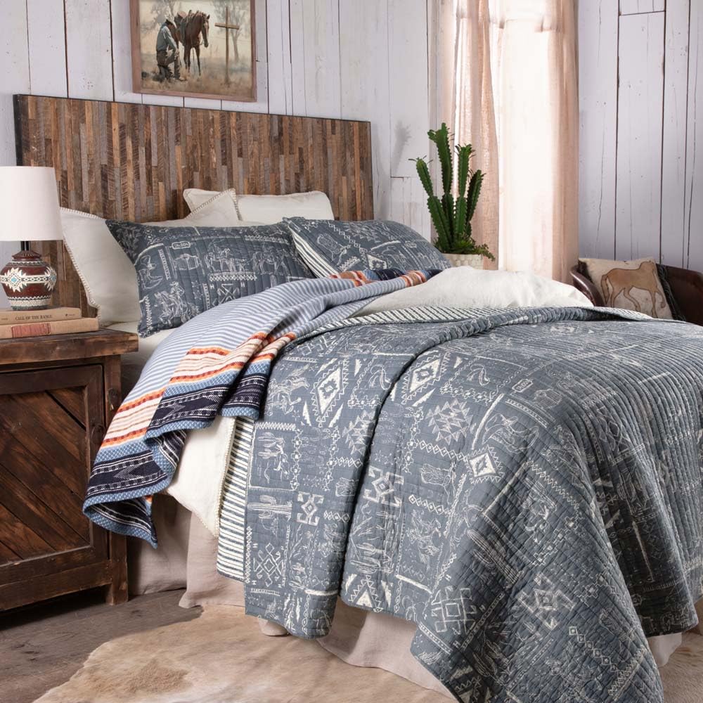 Rod's Exclusive Westward Trail Quilt - Classic Cowboy Chalk Motifs - Denim Blue - Cotton - Full/Queen Size (88x92in)