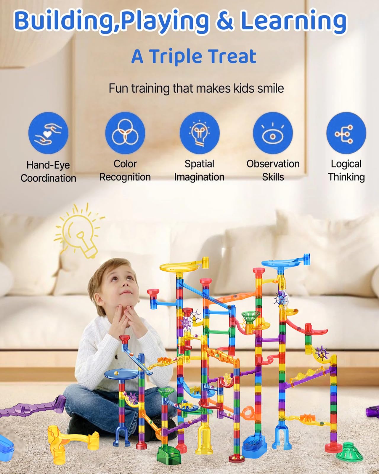 Marble Run 104 PCS Building Toy Set including 20 Glass Marbles Glow in The Dark - Image 3