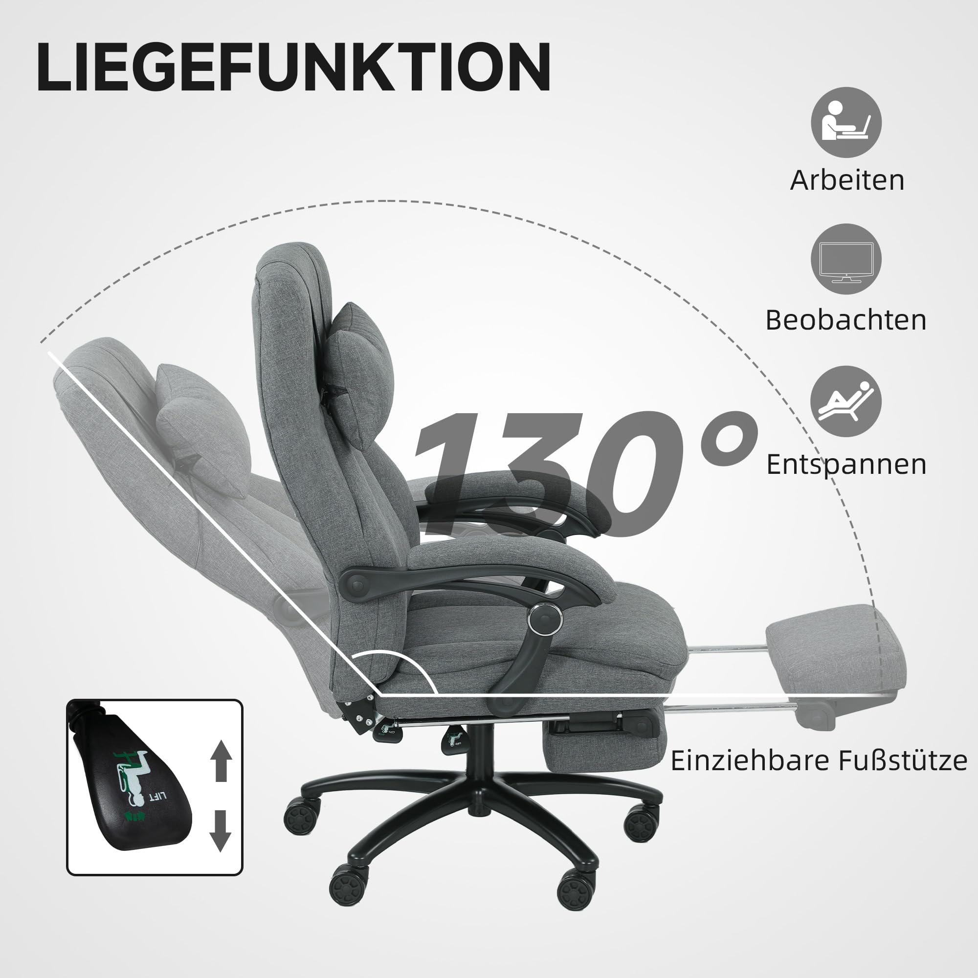 Vinsetto Bürostuhl mit Massagefunktion Ergonomischer Chefsessel mit Liegefunktion, Fußstütze Höhenverstellbar 360° Drehbar Schreibtischstuhl mit Kopfstütze, USB-Schnittstelle, Leinenoptik, Dunkelgrau