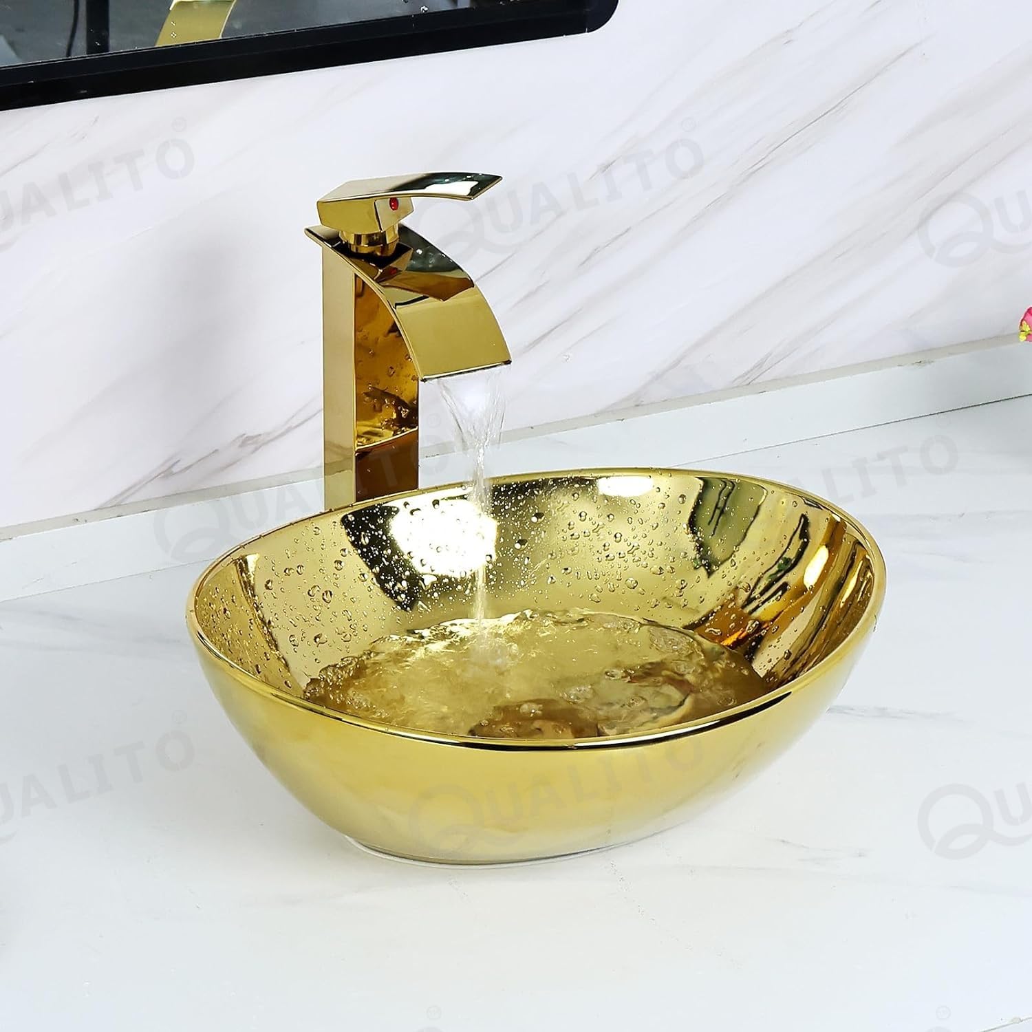 Qualito Table Top Wash Basin for Bathroom, Living Room, Hall, Dinning Room | Countertop/Over Counter Ceramic Vessel Sink/Basin (White, 16x13 Inch) (Golden, 16x14 Inch) (B0CVFS8NZJ) Amazon Price History, Amazon Price Tracker