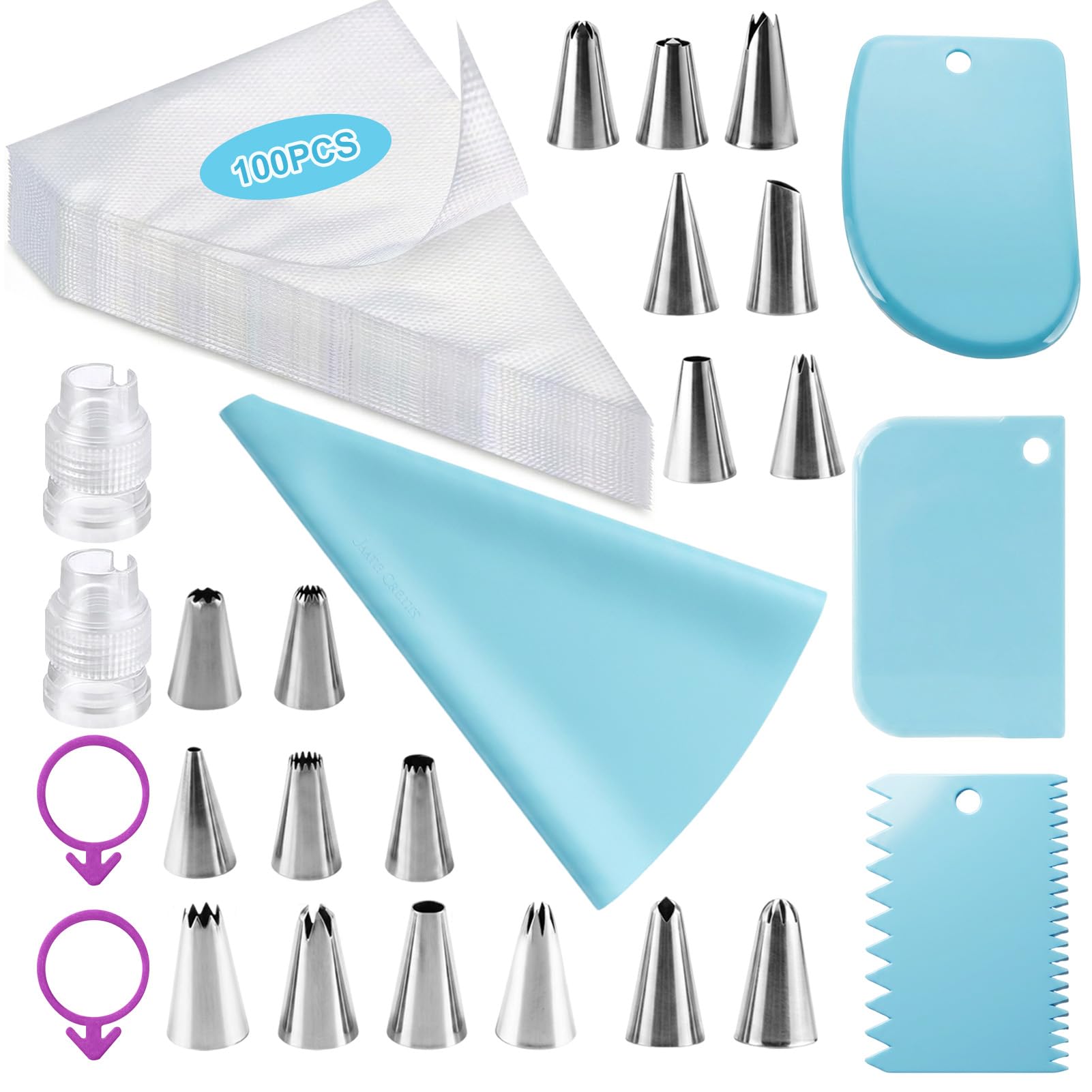 Piping Bags and Nozzles Set 126Pcs Cake Piping Kit 100 Disposable Piping Bags with 18 Stainless Steel Icing Nozzles, 1 Reusable Piping Bag, 2 Couplers, 2 Bag Ties, 3 Cake Scraper
