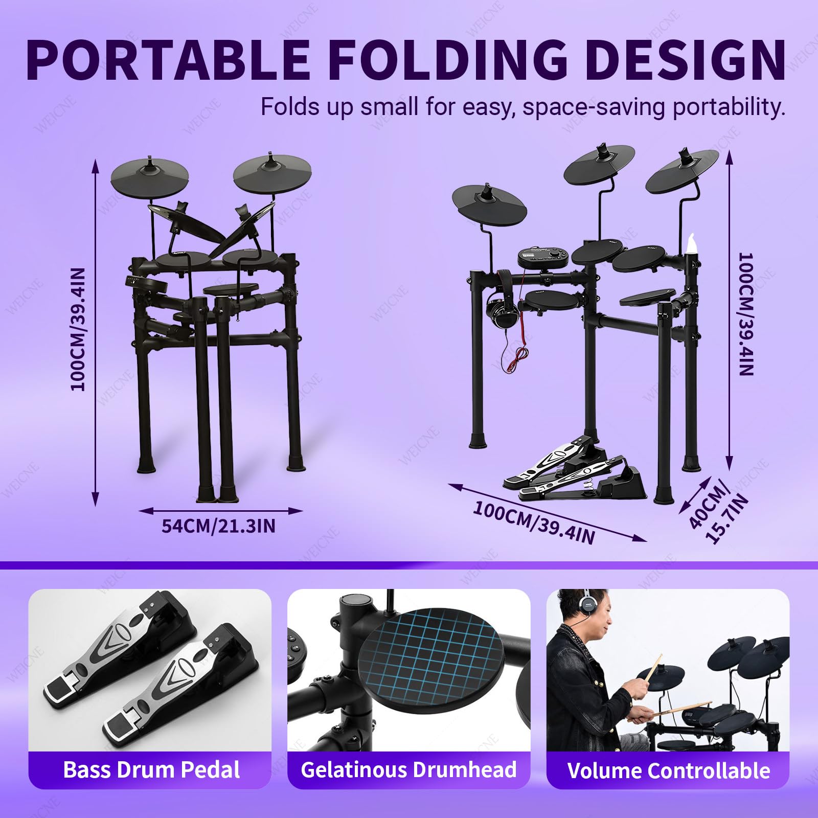 Batteria Elettronica, 10 Kit di Batteria E Batteria Elettronica con 128 Suoni, Supporta USB Midi, Pelli in Silicone Silenziose, con Piatti, Bacchette E Cuffie, per Principianti E Bambini PRO