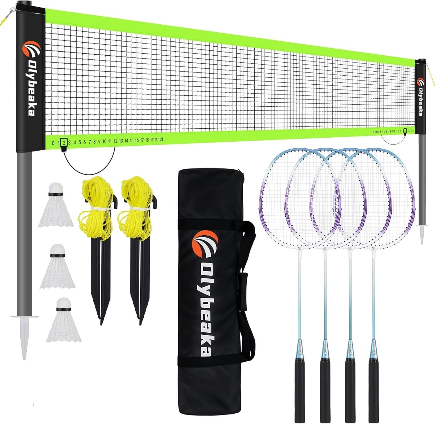 Baminton-Netz-Set für Garten, Strand, Familienspiele mit 6 x 90 cm langem Anti-Durchhängen Netz, 4 Aluminium-Badmintonschläger, 3 Federbälle, Tragetasche – einfach aufzubauen und tragbar