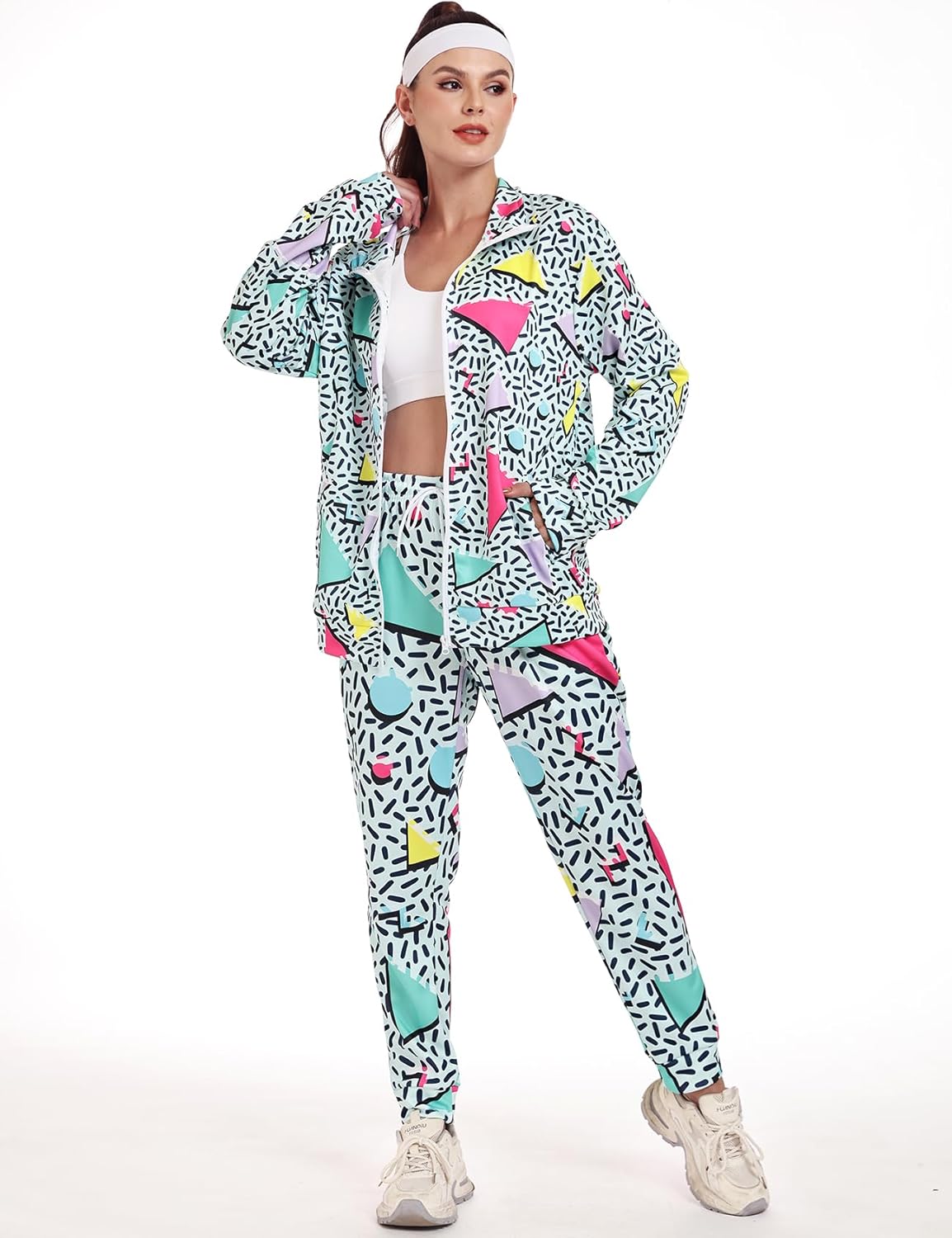 Arssm Retro 80s 90s Outfit Sets for Women Color Block 2 Piece Tracksuit Windbreaker Jacket Set
