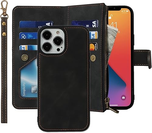 iCoverCase Funda tipo cartera para iPhone 13 Pro con tarjetero y correa para la muñeca, de piel sintética, ranuras para tarjetas, bolsillo con