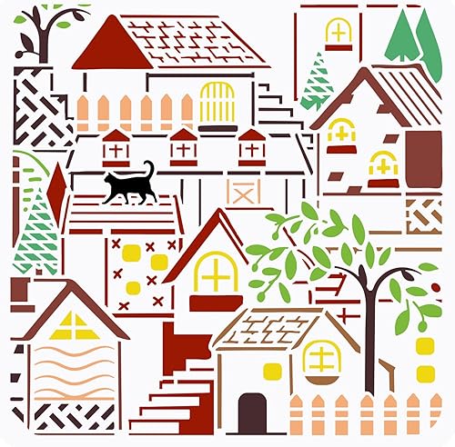 FINGERINSPIRE Houses - Plantilla de pintura de pueblo pequeño de 11.8 x 11.8 pulgadas, árboles reutilizables, para gatos, plantilla de plástico PET