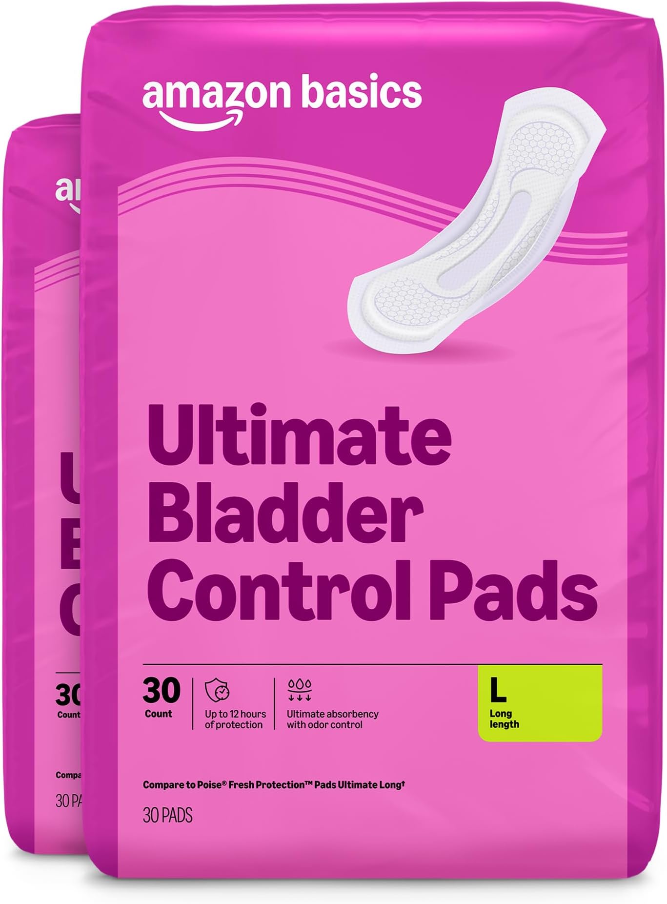 Incontinence Pads for Women, Long, Bladder Control, Postpartum, Ultimate Absorbency, Unscented, with Odor Control, 60 Count (2 Packs of 30), Packaging May Vary