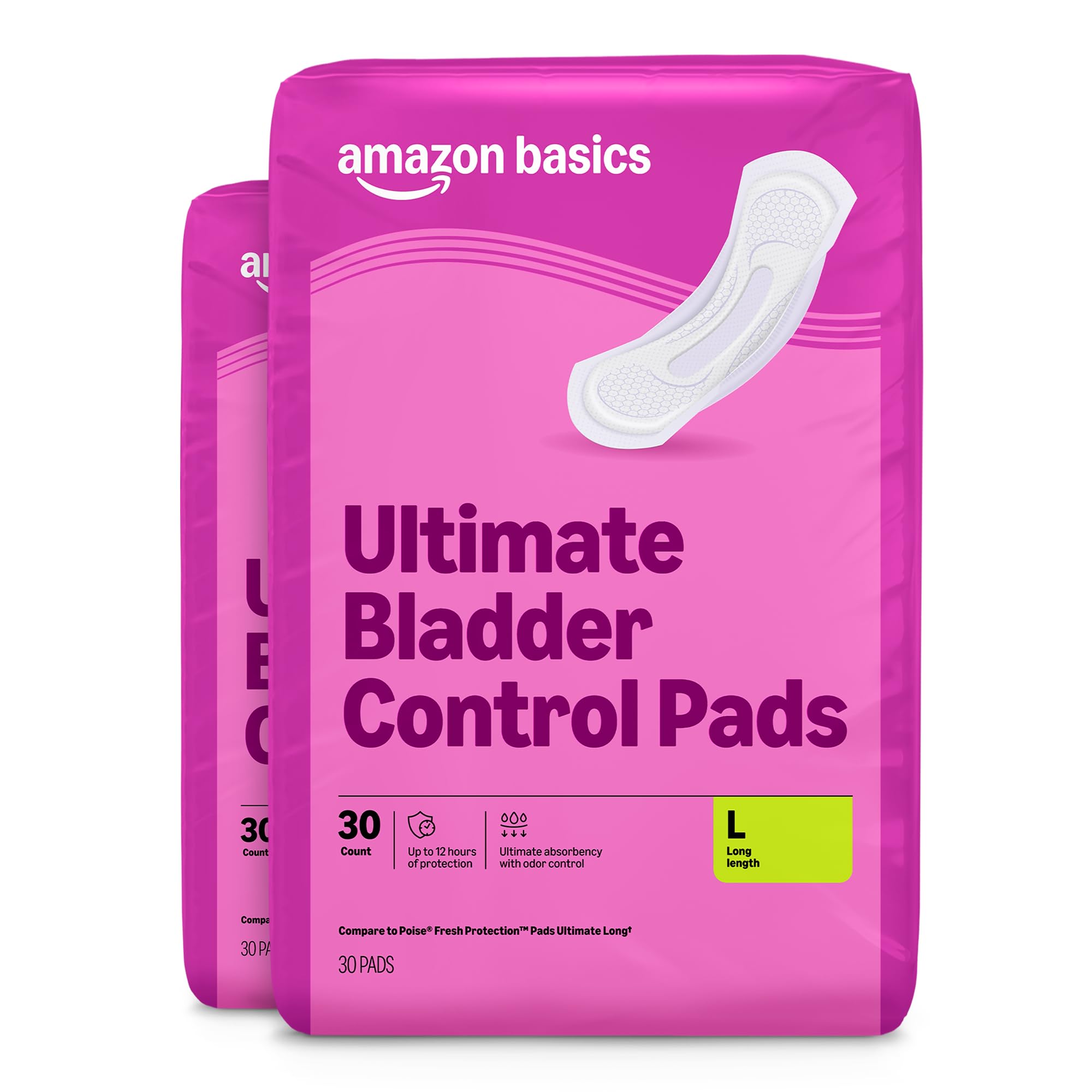 Amazon Basics Incontinence Pads for Women, Long, Bladder Control, Postpartum, Ultimate Absorbency, Unscented, with Odor Control, 60 Count (2 Packs of 30), Packaging May Vary