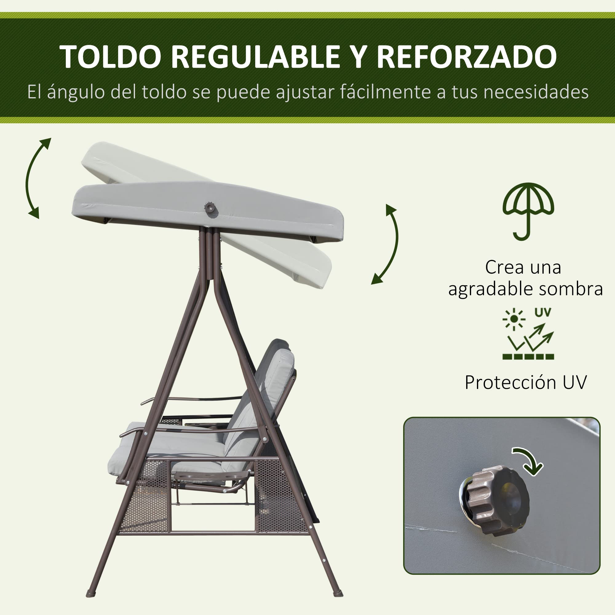 Outsunny Balancín de Jardín Exterior de 3 Plazas 206x116x183 cm Gris | Columpio de Jardín Exterior, Toldo Ajustable, Bandejas Laterales, 2 Almohadas, Marco de Metal, Carga 360 kg