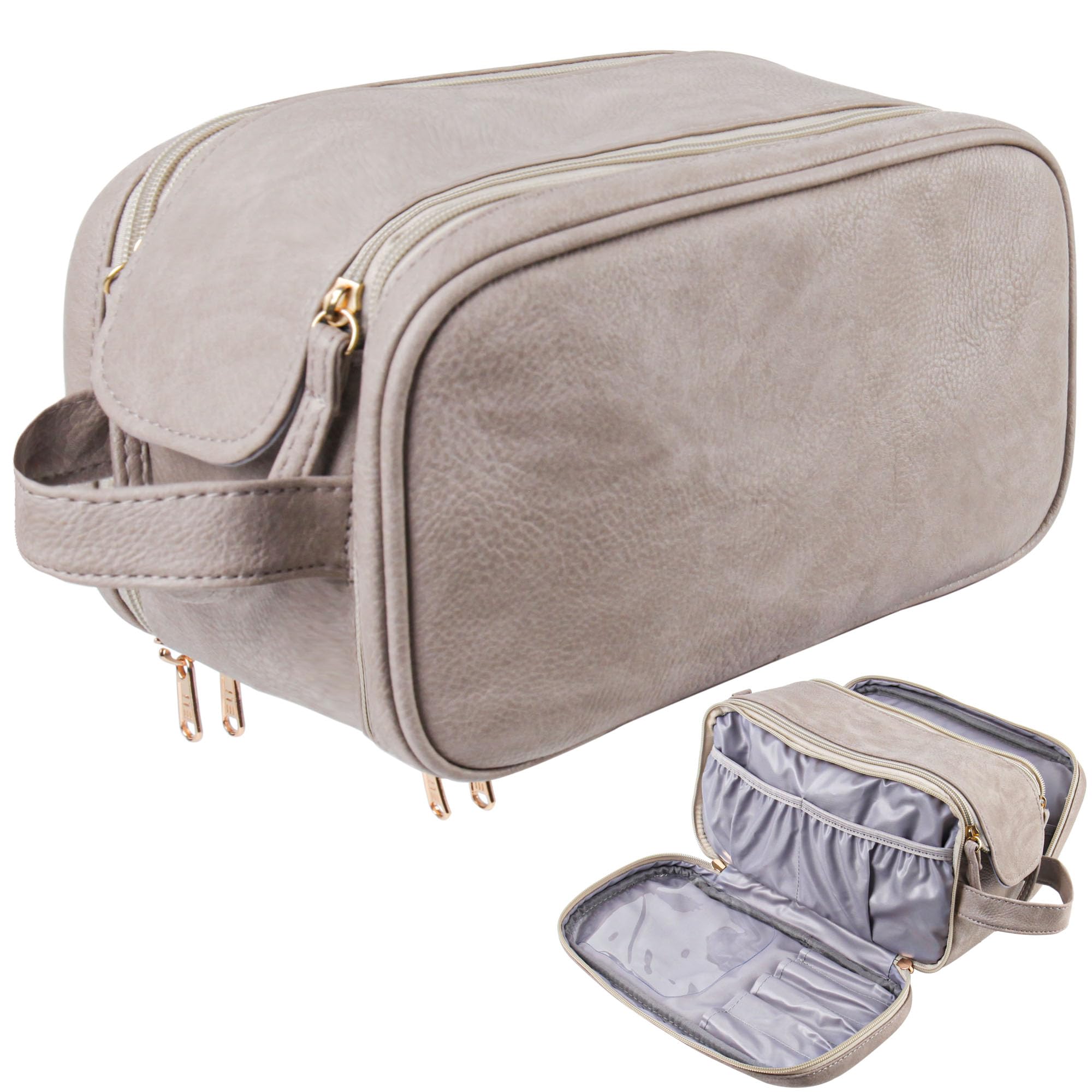 Double Side Large Travel Makeup Bag for Women Portable Travel Cosmetic Holder for Brushes, Medium Make Up Skin Care Cosmetics Essentials Accessories Storage & Organization for Female, Grey