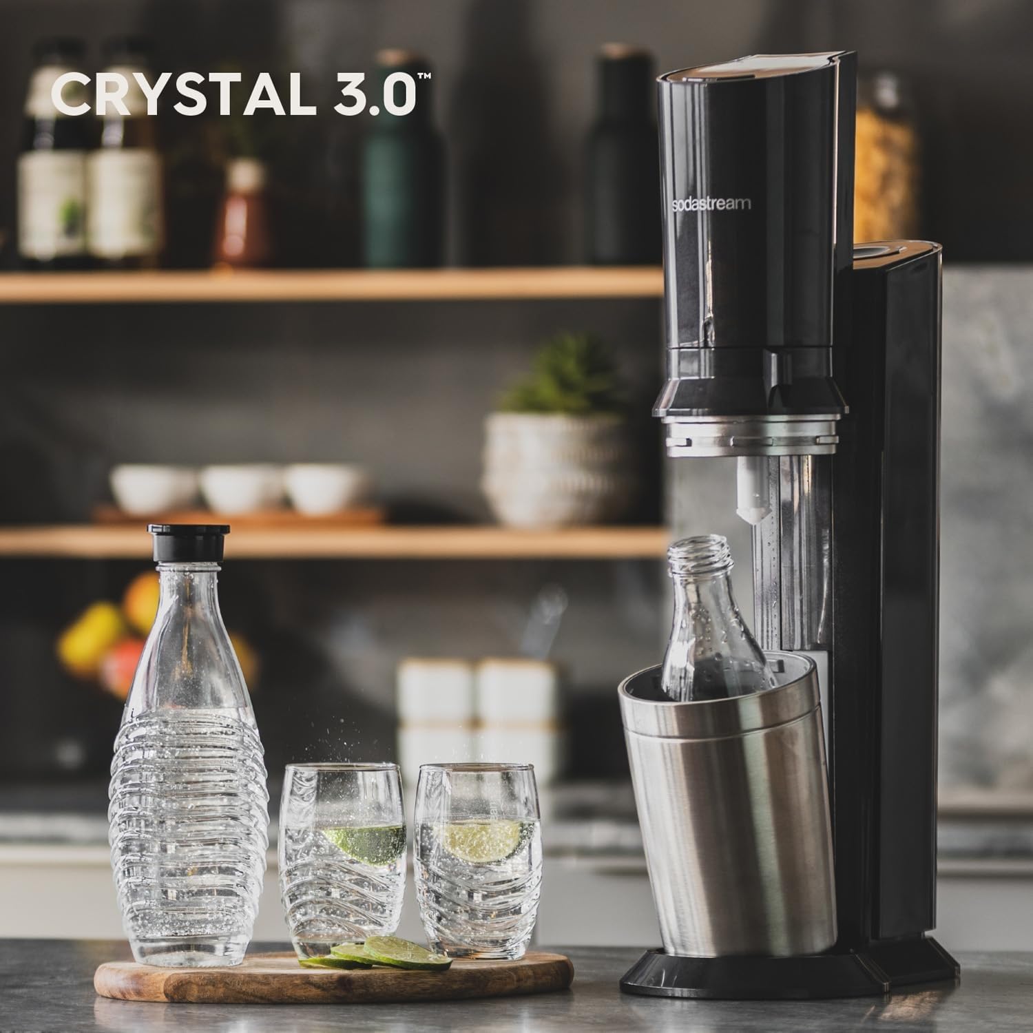 Sodastream Crystal Nero, Gasatore d'acqua frizzante utilizzare solo bottiglie di vetro Sodastream, inclusa bombola Co2 alimentare e bottiglia di vetro da 1 litro