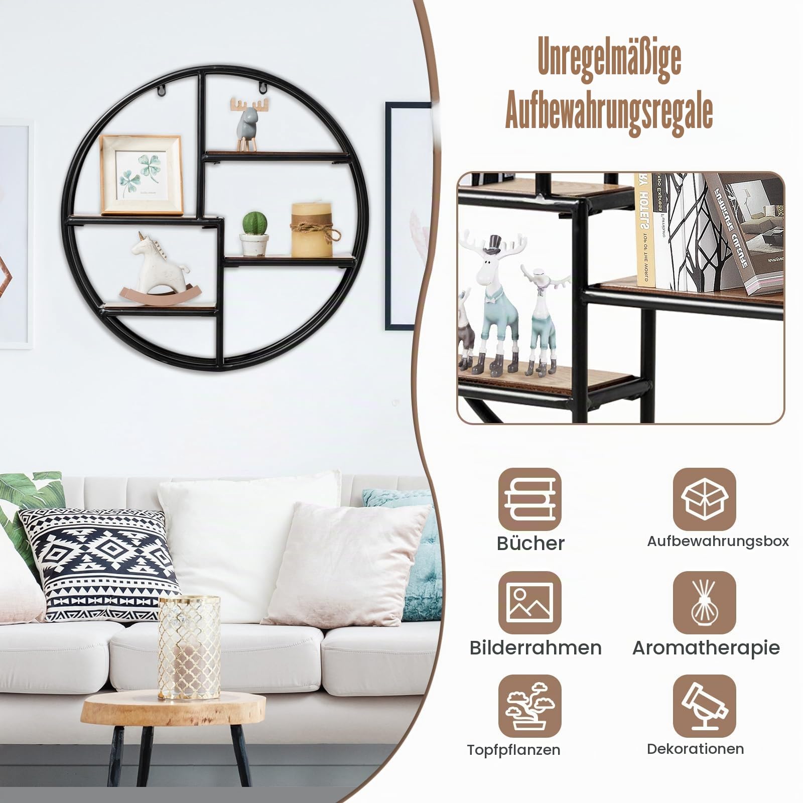 HOMASIS Rundes Wandregal mit 4 Ablagen, Hängeregal aus Holz & Metall, Schweberegal Ø 55 cm, Wanddeko für Wohnzimmer, Schlafzimmer, Büro, Schwarz & Braun