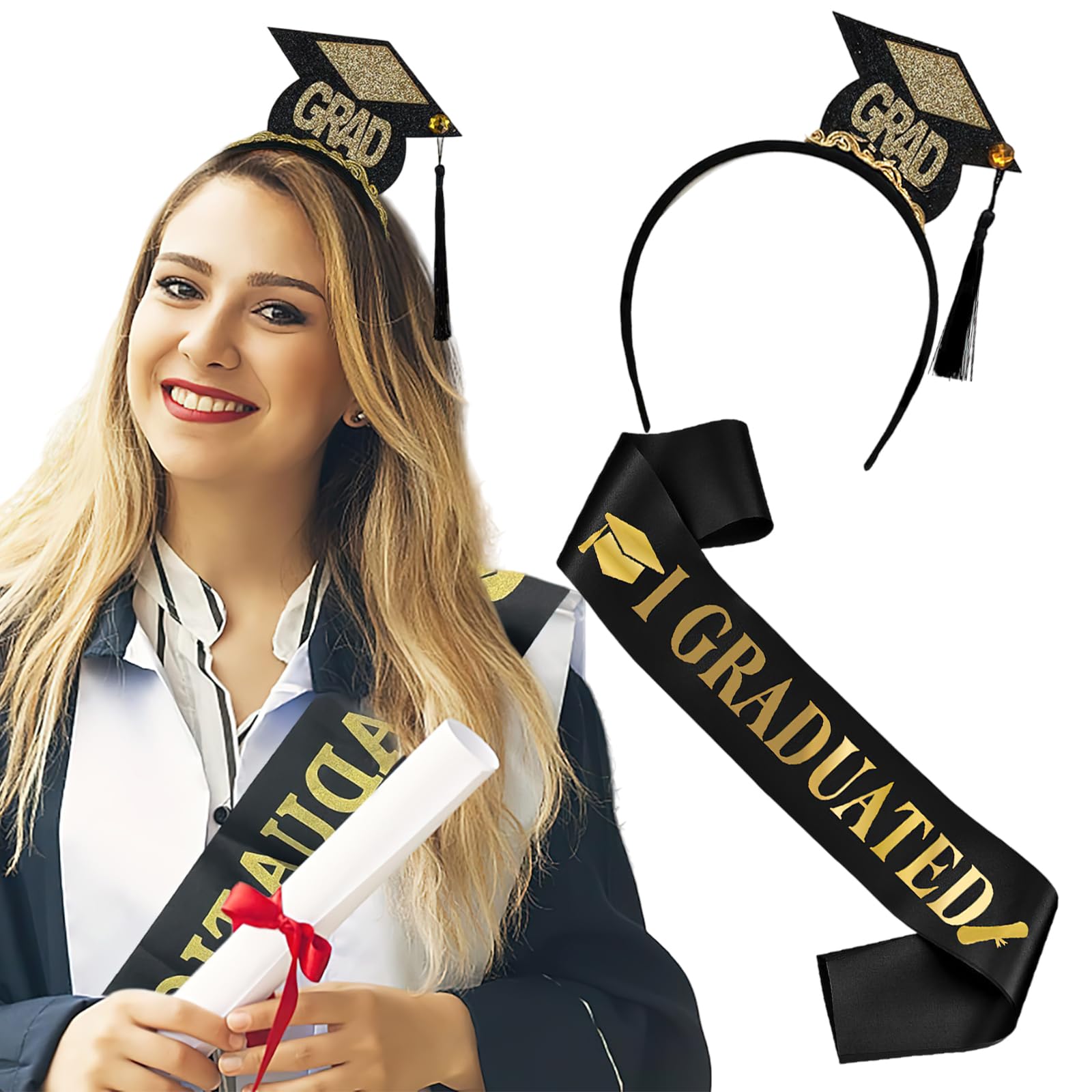 Amazon.com : BASEMMAHER Graduation Headband and Shoulder Straps for  Congrats Grad Party Supplies Bachelor Cap Headband with Doctoral Hat Black  Sash Satin Tassels Tiaras for Graduation Party Dress up Favor Photo :