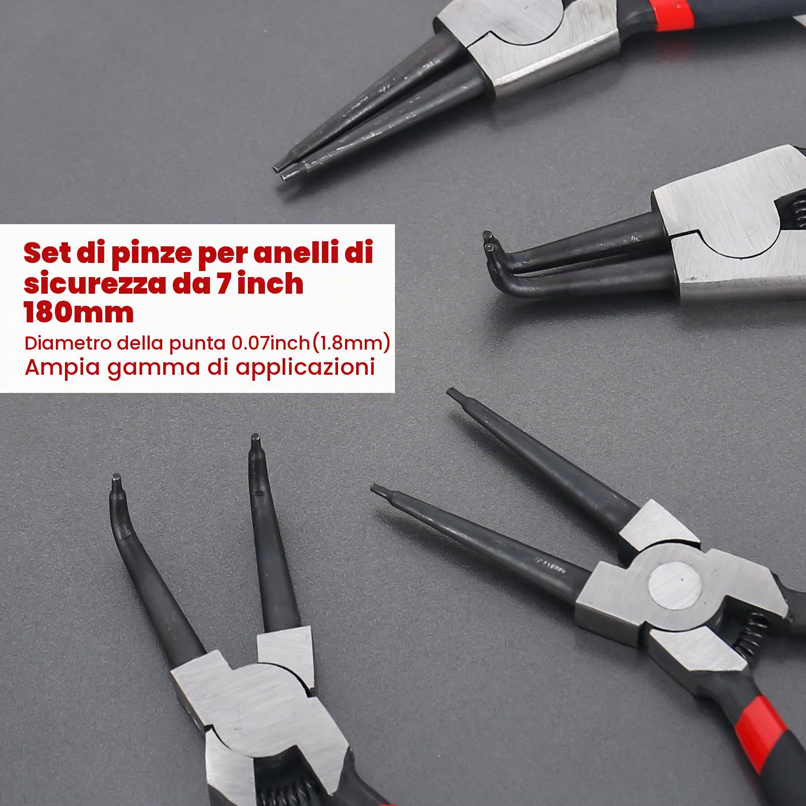 Set di 4 pinze per anelli elastici, 180 mm, con borsa portatile, pinze per anelli di sicurezza per interni ed esterni, pinze dritte e angolate
